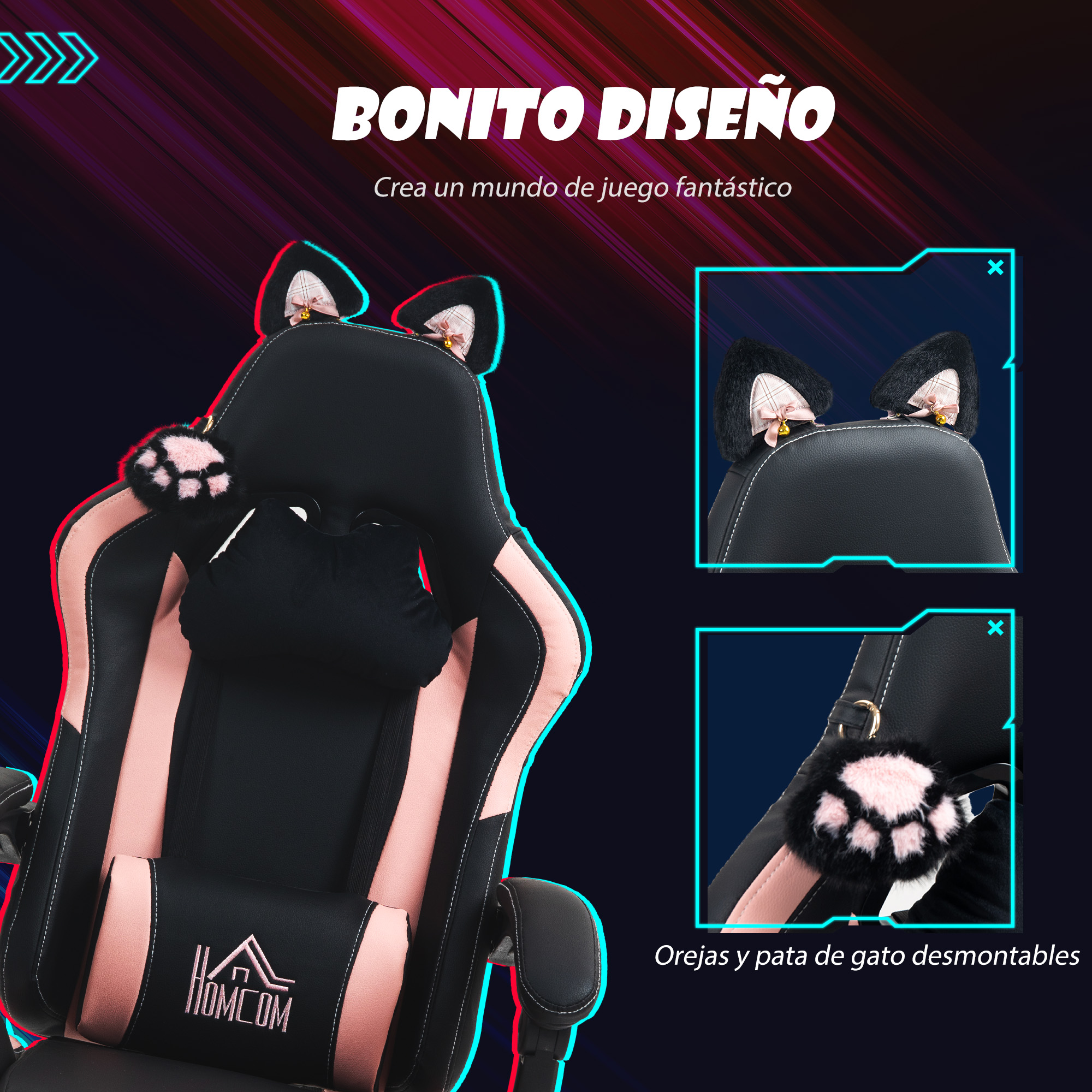 Silla gamer con detalles de orejas de gato, acentos rosas y reposabrazos de pata desmontables.