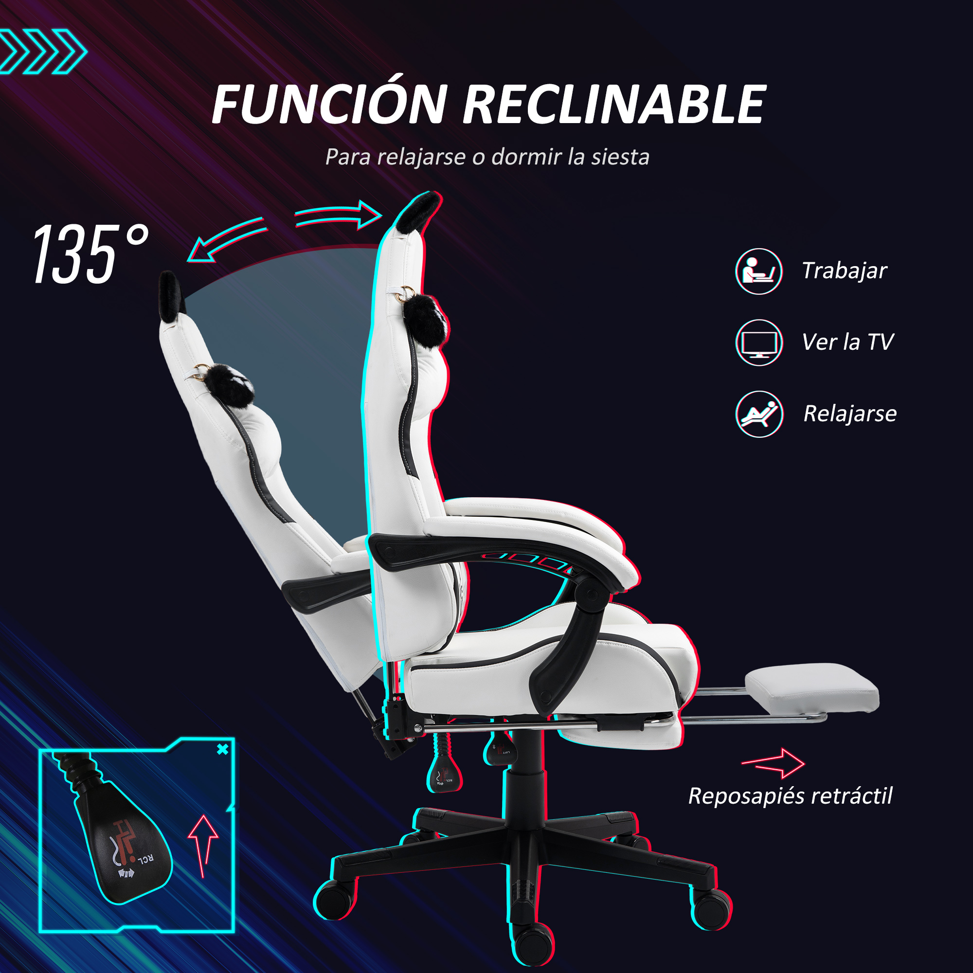 Silla reclinable blanca con reposapiés y diagramas que muestran trabajar, ver TV y relajarse.