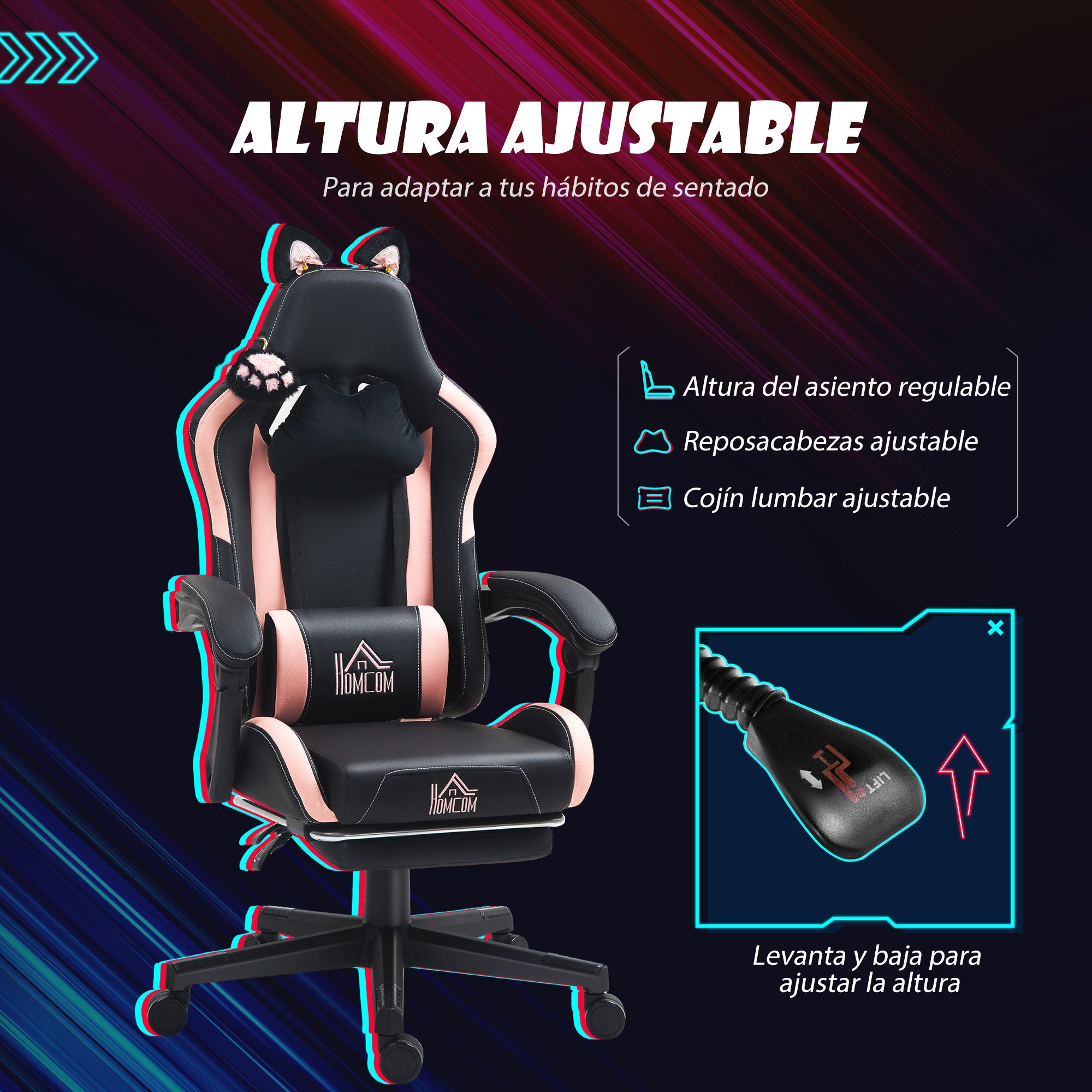 Una silla gamer rosa y negra con altura ajustable y una almohada.