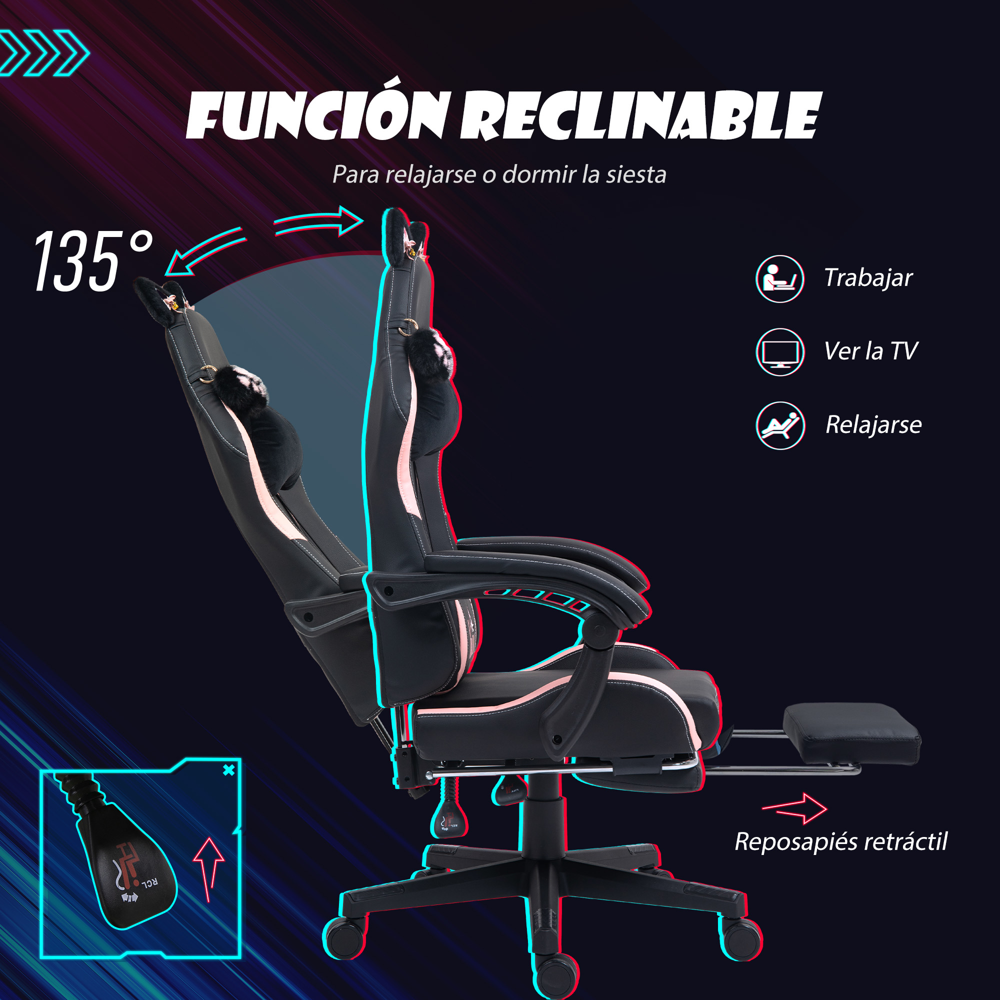 Silla gaming reclinada, con reposapiés extendido y texto sobre sus características.