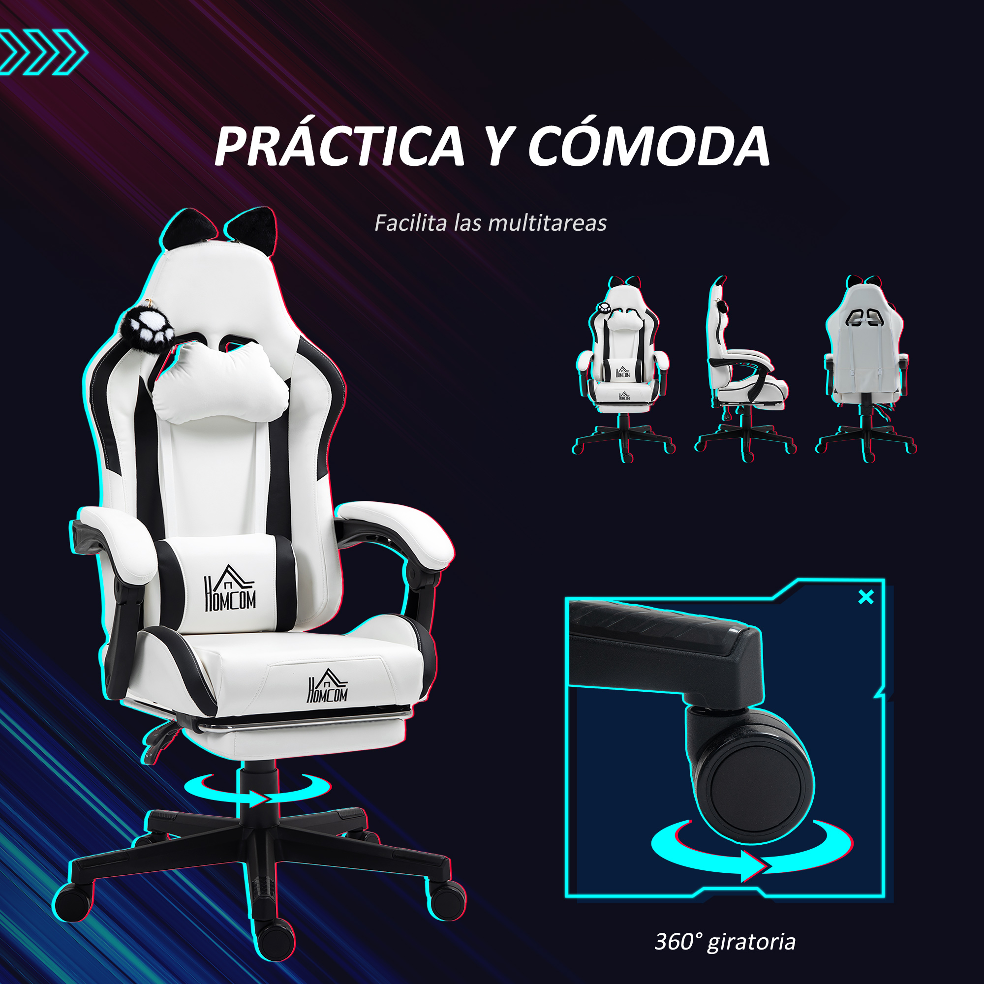 Silla gamer blanca con diseño de panda, múltiples vistas y rotación de 360 grados.