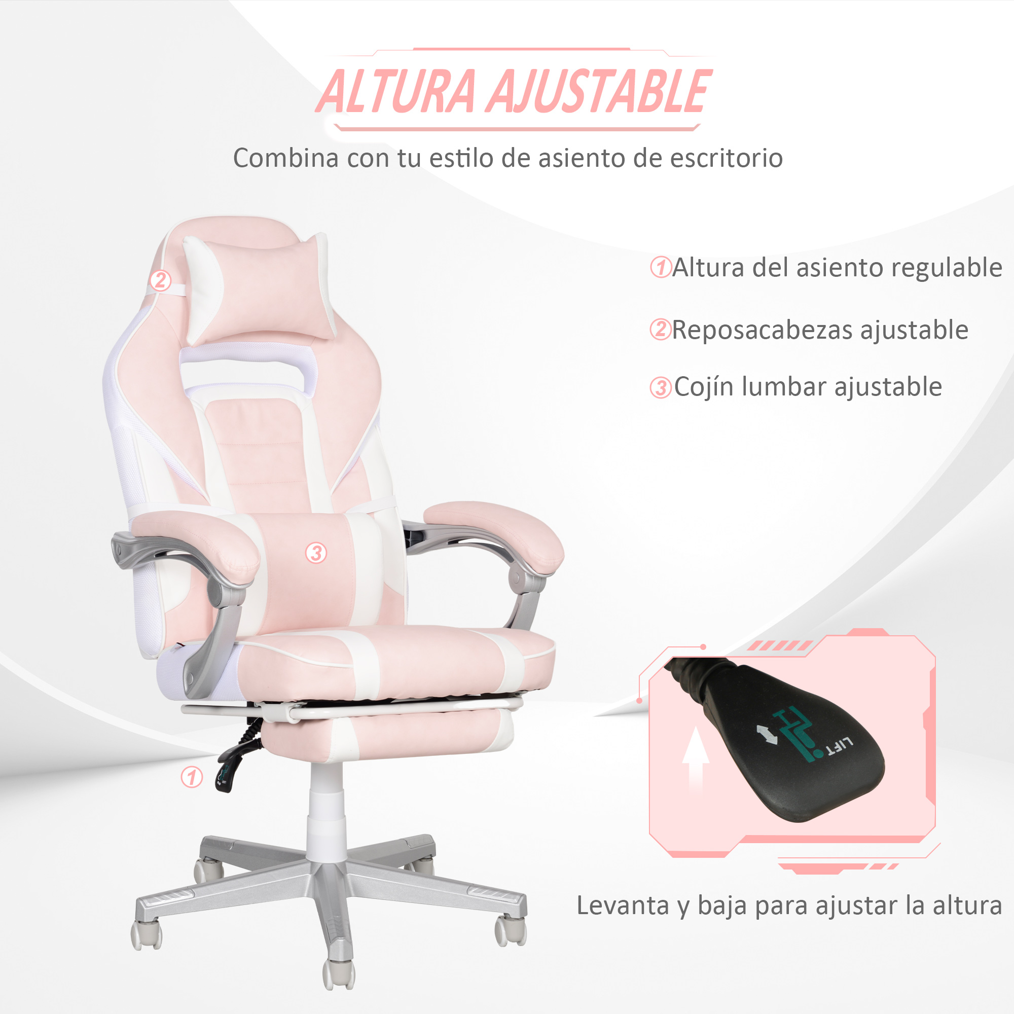 Una silla gamer rosa y blanca con funciones ajustables. Incluye reposacabezas, cojín lumbar y apoyabrazos.