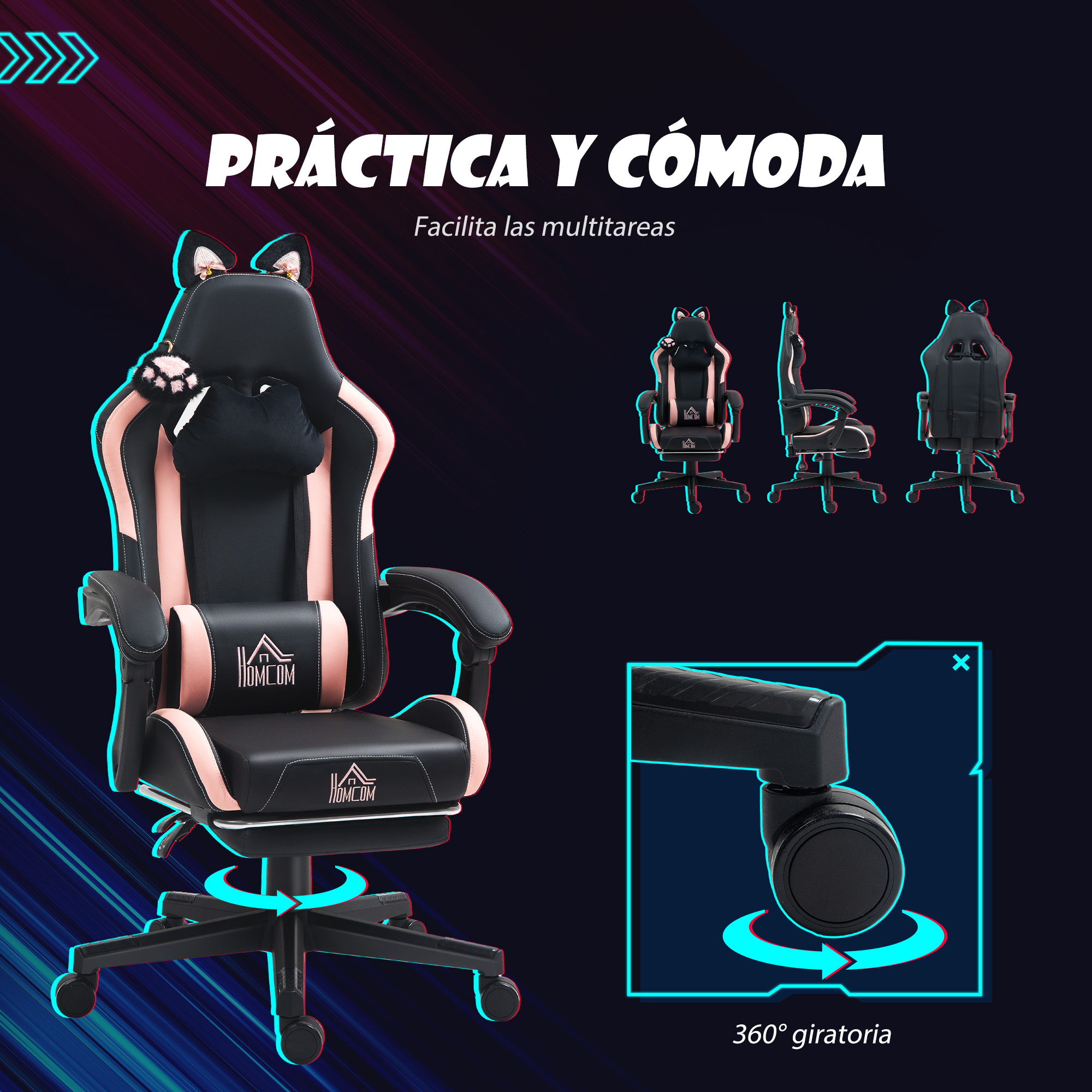 Silla gaming con orejas de gato, detalles rosas y base giratoria, sobre fondo oscuro.