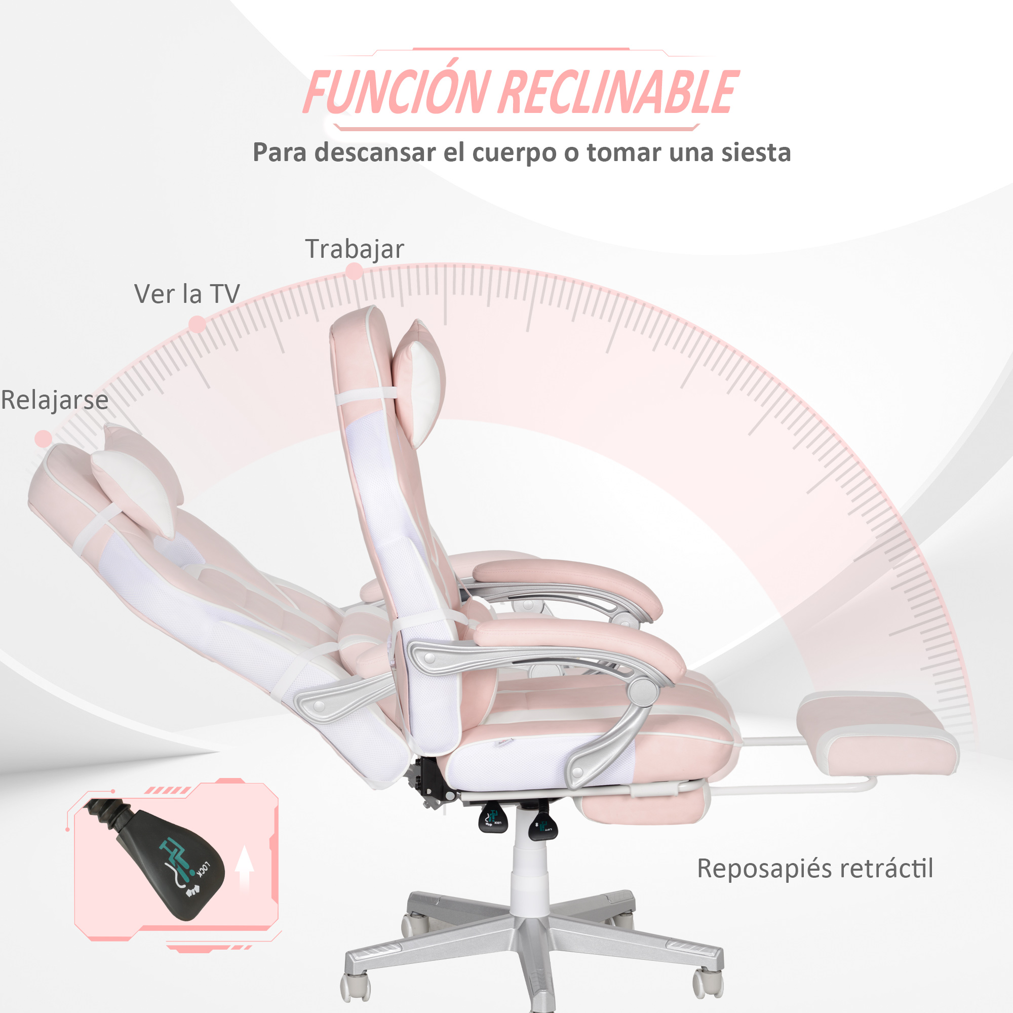 Silla de oficina reclinable rosa con reposapiés. La silla se muestra en múltiples posiciones.