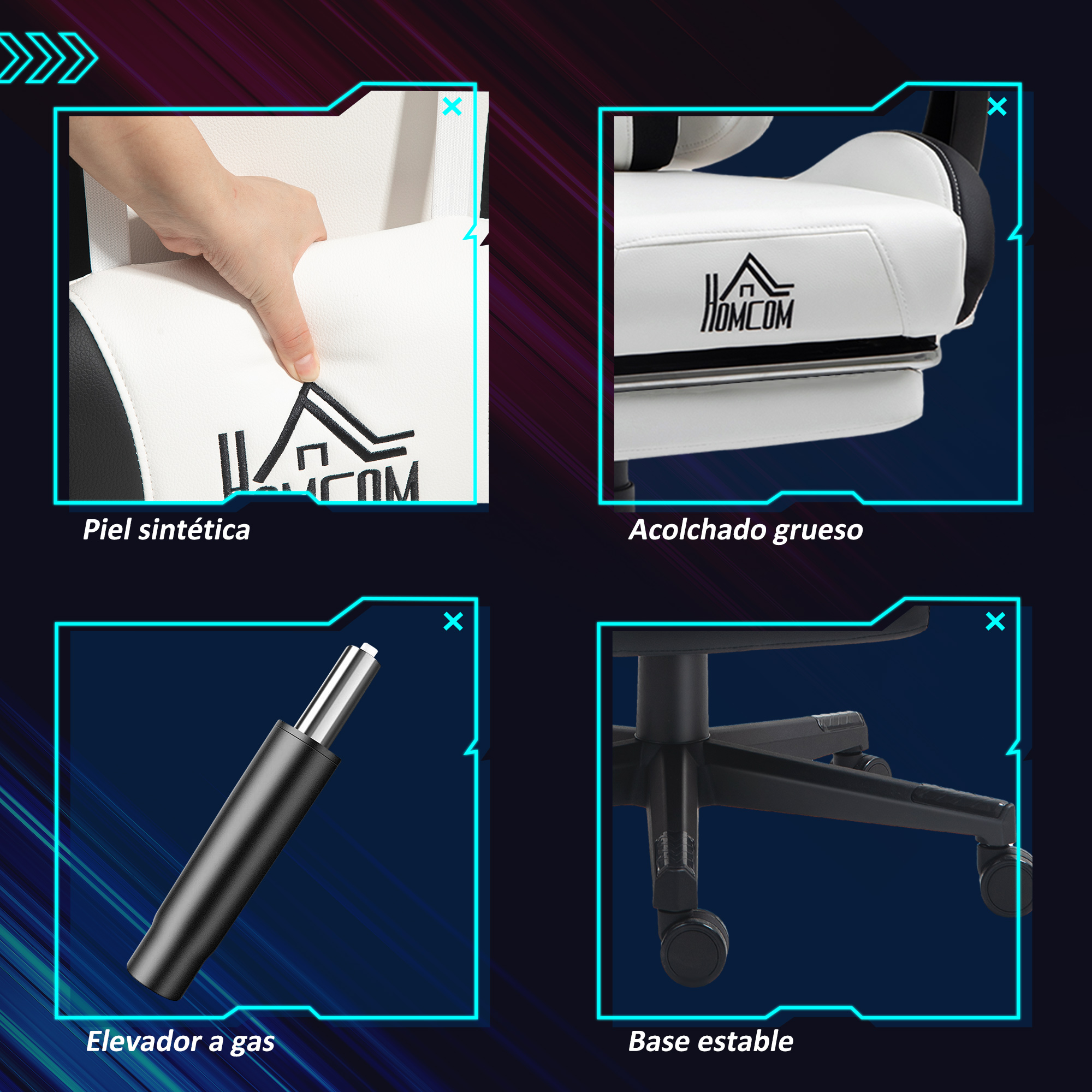 Cuatro vistas detalladas de primer plano de una silla de juego negra y blanca.