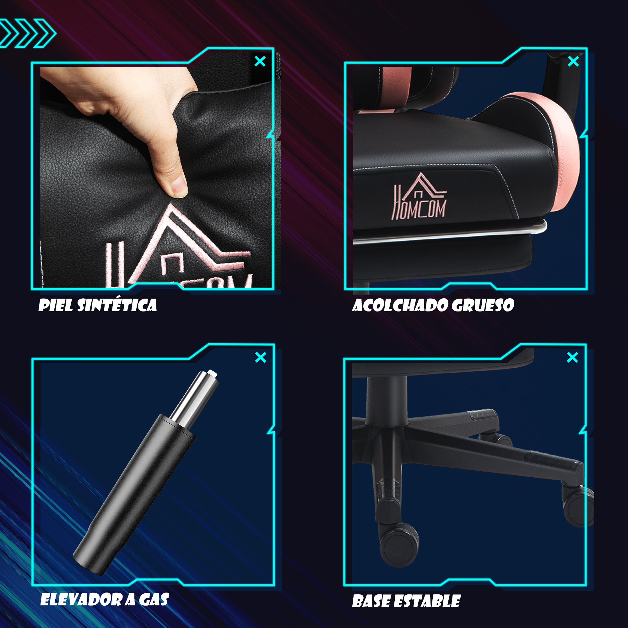 Primer plano de las características de una silla gaming: cuero sintético, acolchado grueso, elevador de gas y base estable.