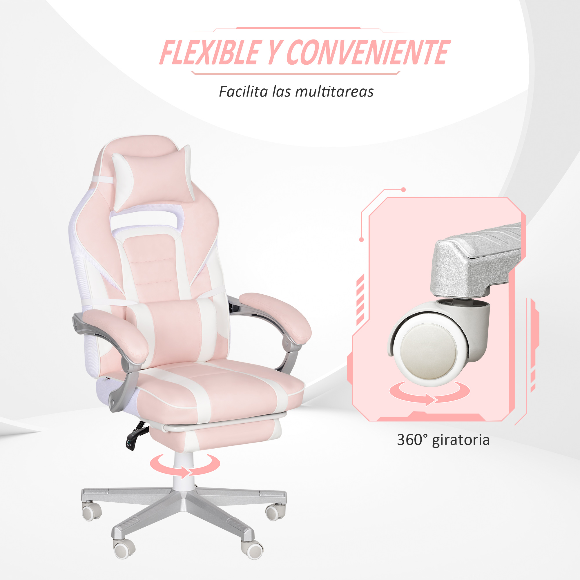 Silla gaming rosa y blanca con reposacabezas y reposabrazos. Tiene reposapiés y base con ruedas.