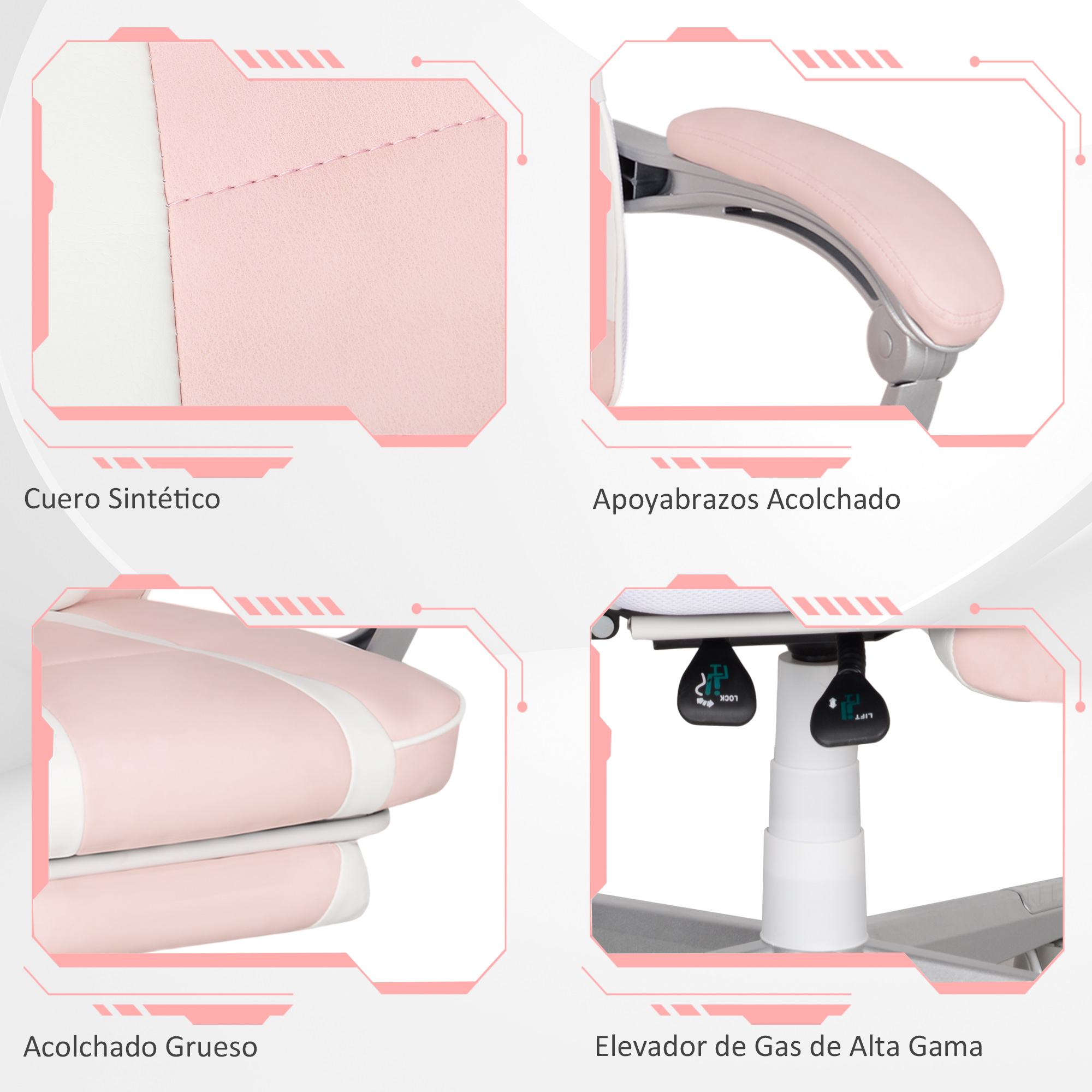 Primer plano de una silla gaming rosa y blanca. Muestra cuero sintético, reposabrazos acolchados y elevador de gas.