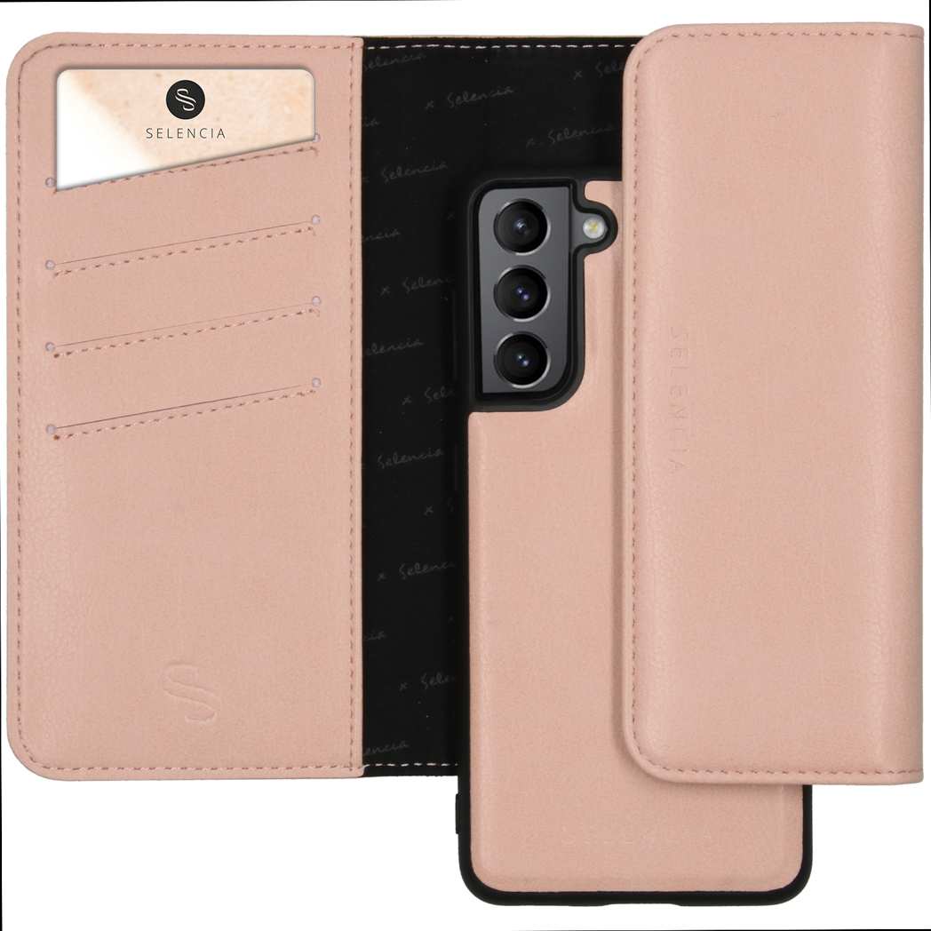Un étui de téléphone rose, avec des fentes pour cartes et un couvercle. Une carte est visible dans la fente.