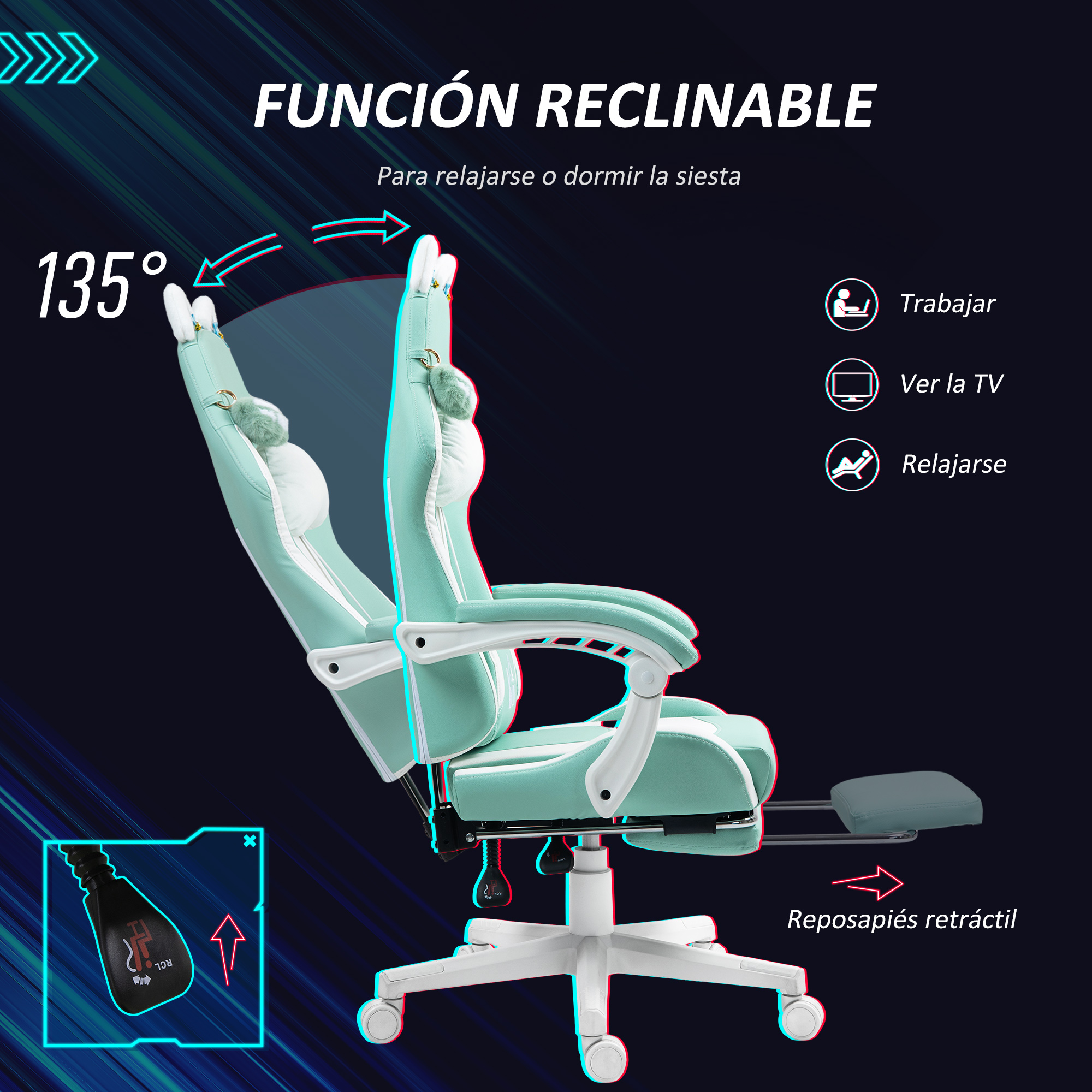 Una silla gamer verde y blanca ajustable con reposapiés, reclinada a 135 grados. Texto: 'función reclinable'.