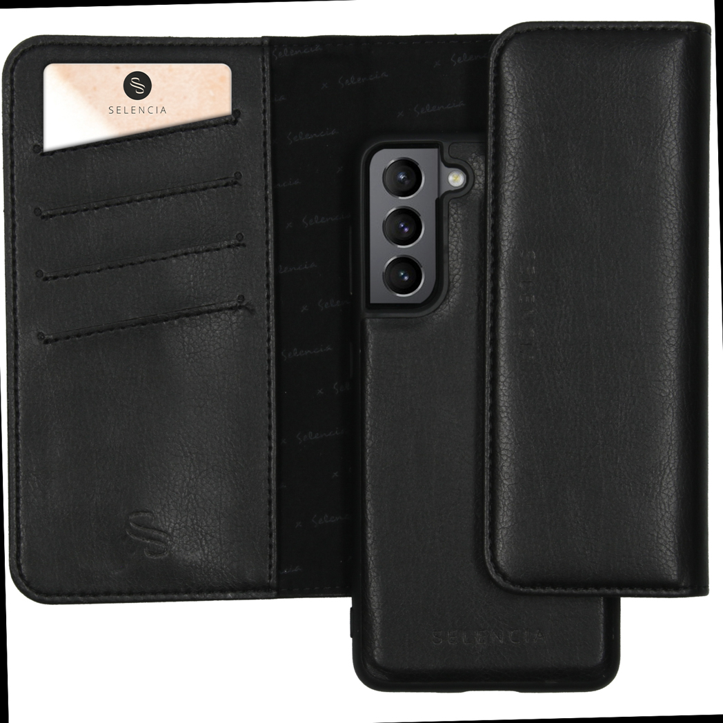 Coque de téléphone en cuir noir avec un téléphone et des emplacements pour cartes. L'étui est ouvert, révélant le téléphone et les cartes.