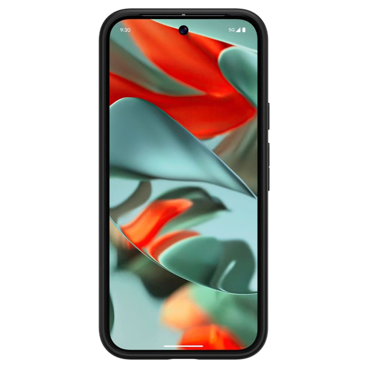 Zwarte telefoon met een scherm met een abstract ontwerp. Het scherm toont tijd en signaal.