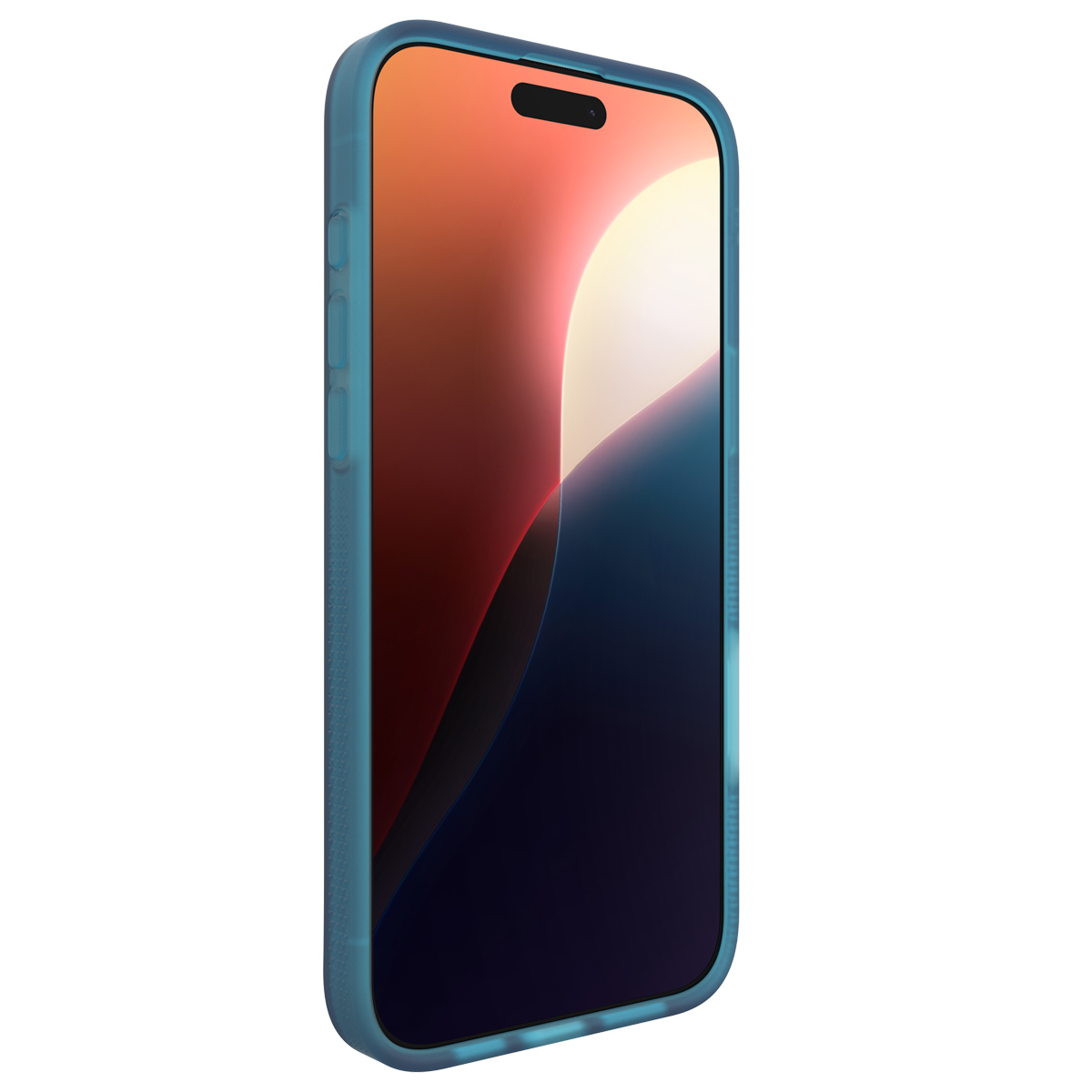 Blauwe telefoon in blauwe hoes, zijaanzicht, scherm zichtbaar.