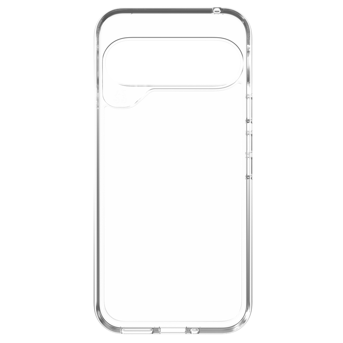 Coque de téléphone transparente, vide, avec découpes pour boutons et caméra.