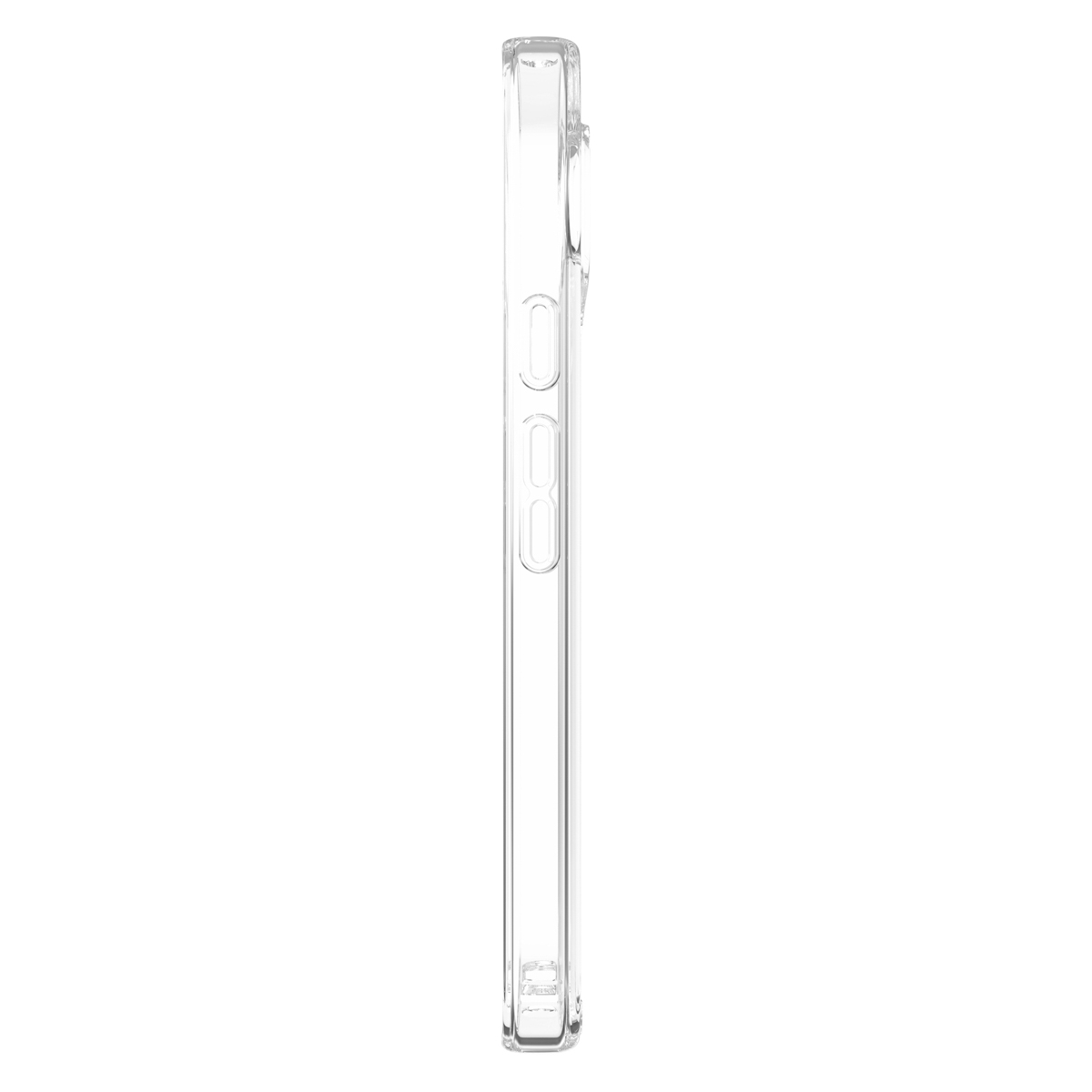 Coque de téléphone transparente, vue latérale. Montre le profil latéral transparent et clair.