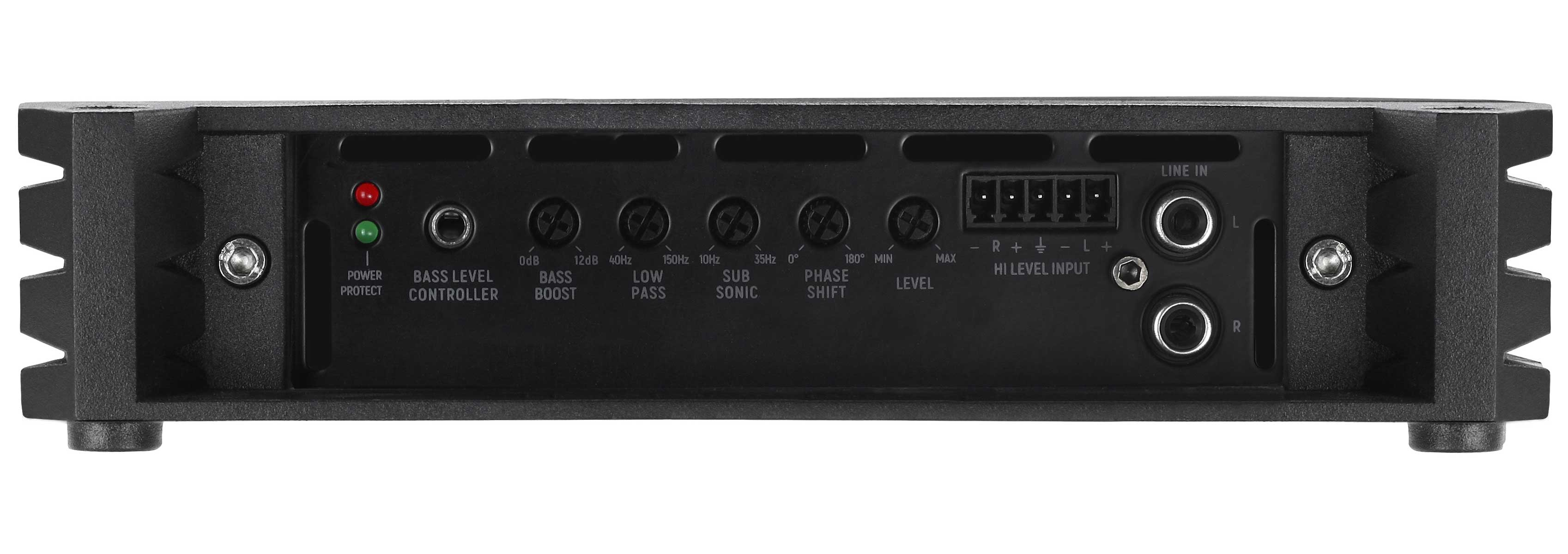 Schwarzer Auto-Verstärker mit Knöpfen und Anschlüssen. Text lautet: Power Protect, Bass Level.