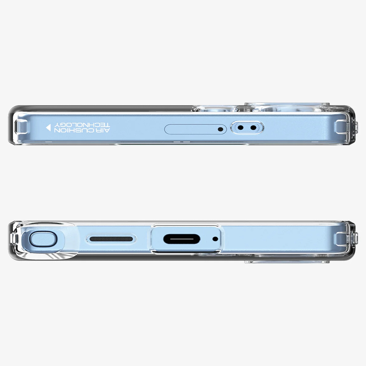 Deux parties d'une coque de téléphone, bleu clair. La coque a des découpes pour les fonctions du téléphone.