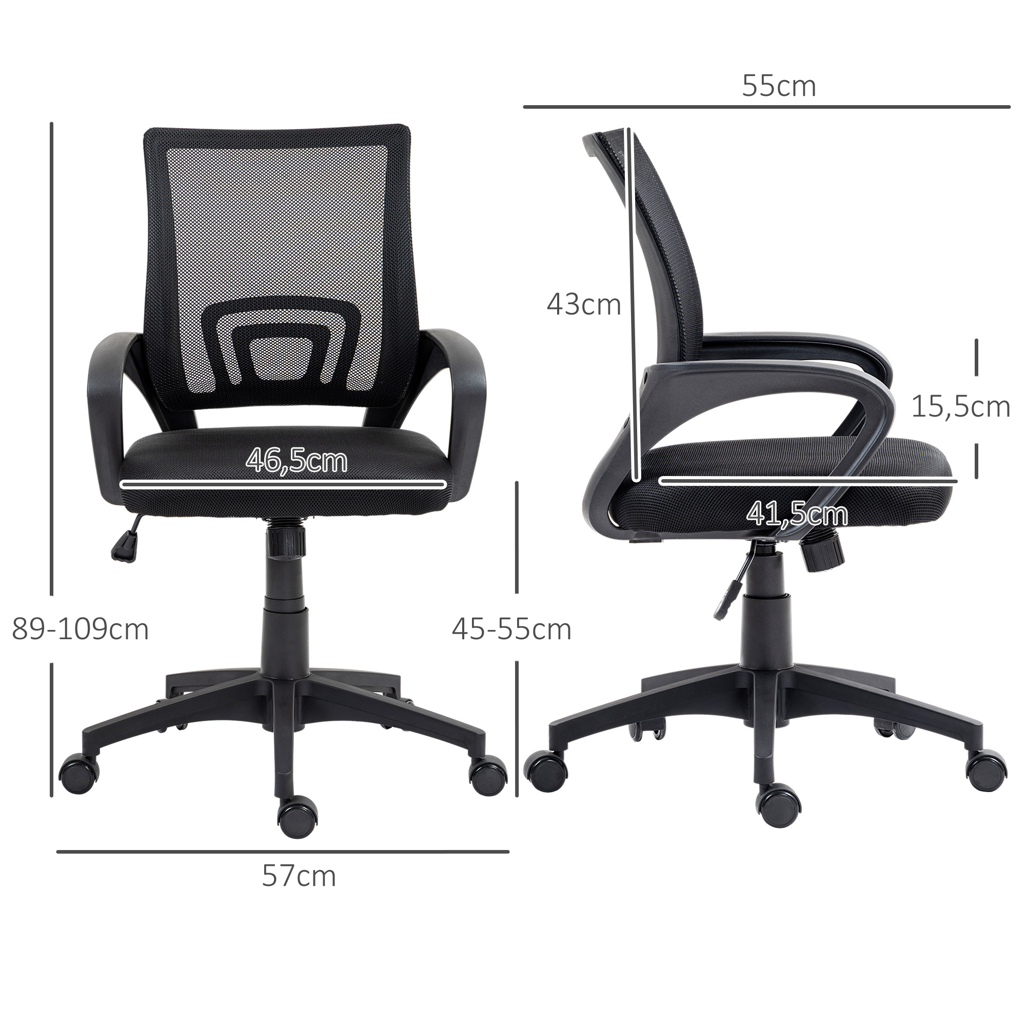 Silla de oficina negra con dimensiones etiquetadas sobre fondo blanco.