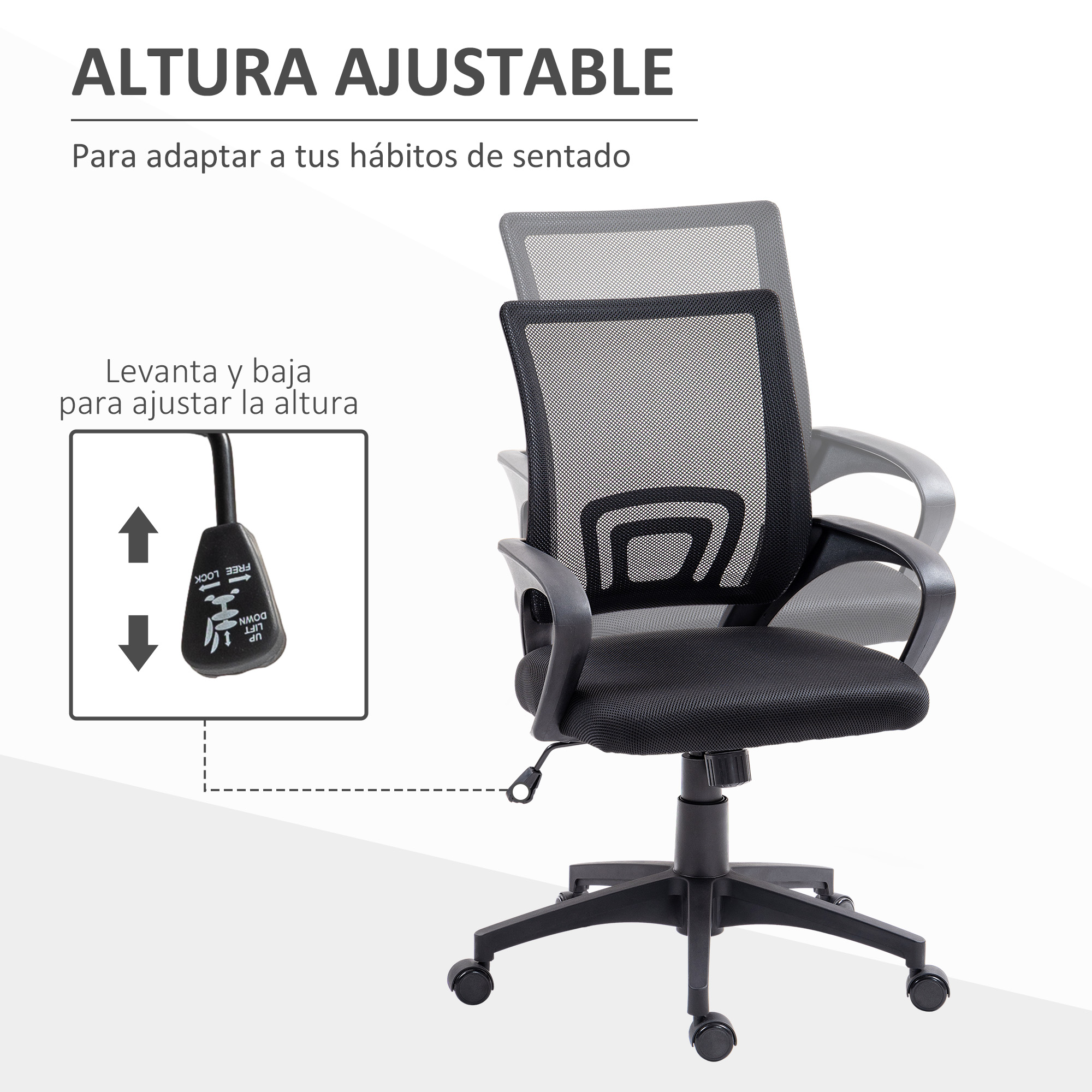 Una silla de oficina, altura ajustable. La palanca se muestra con flechas arriba y abajo.