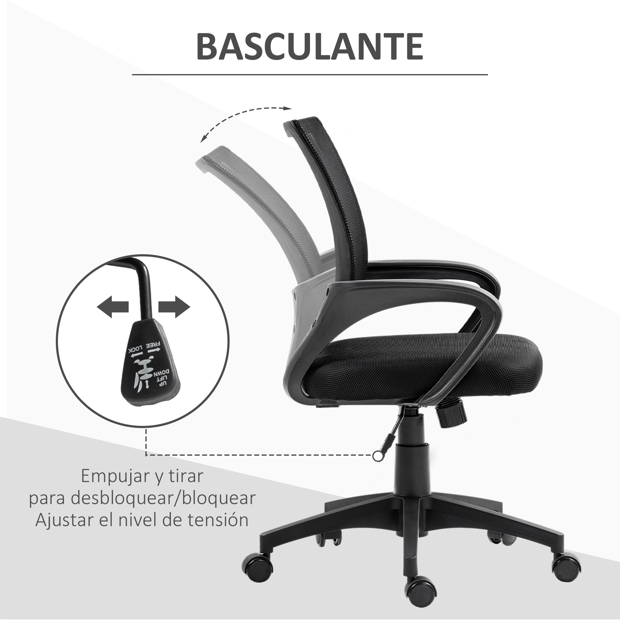 Silla de oficina con respaldo de malla negra. La silla tiene base y ruedas negras.