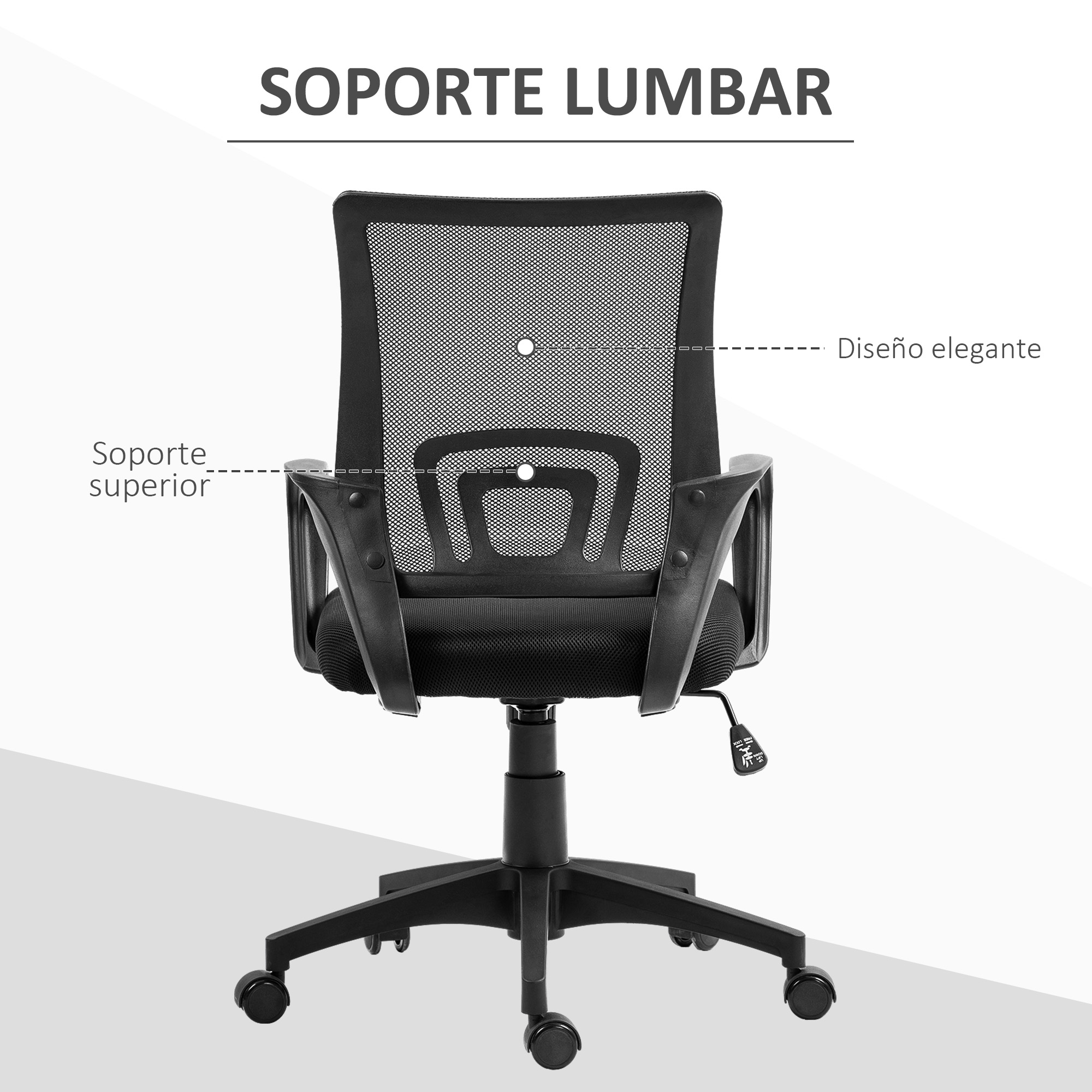 Silla de oficina con respaldo de malla negra. Muestra soporte lumbar y ruedas. Texto describe características.