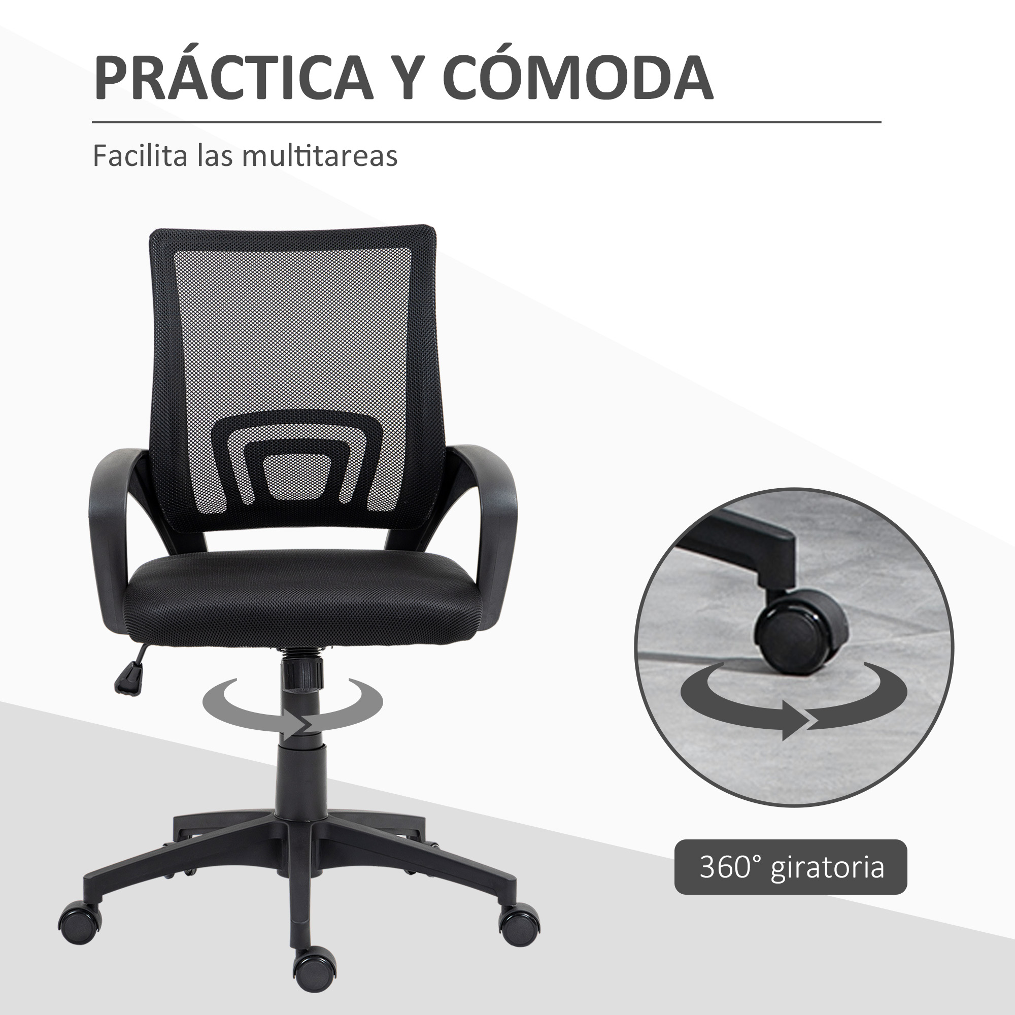 Silla de oficina negra con texto sobre ser práctica y cómoda.