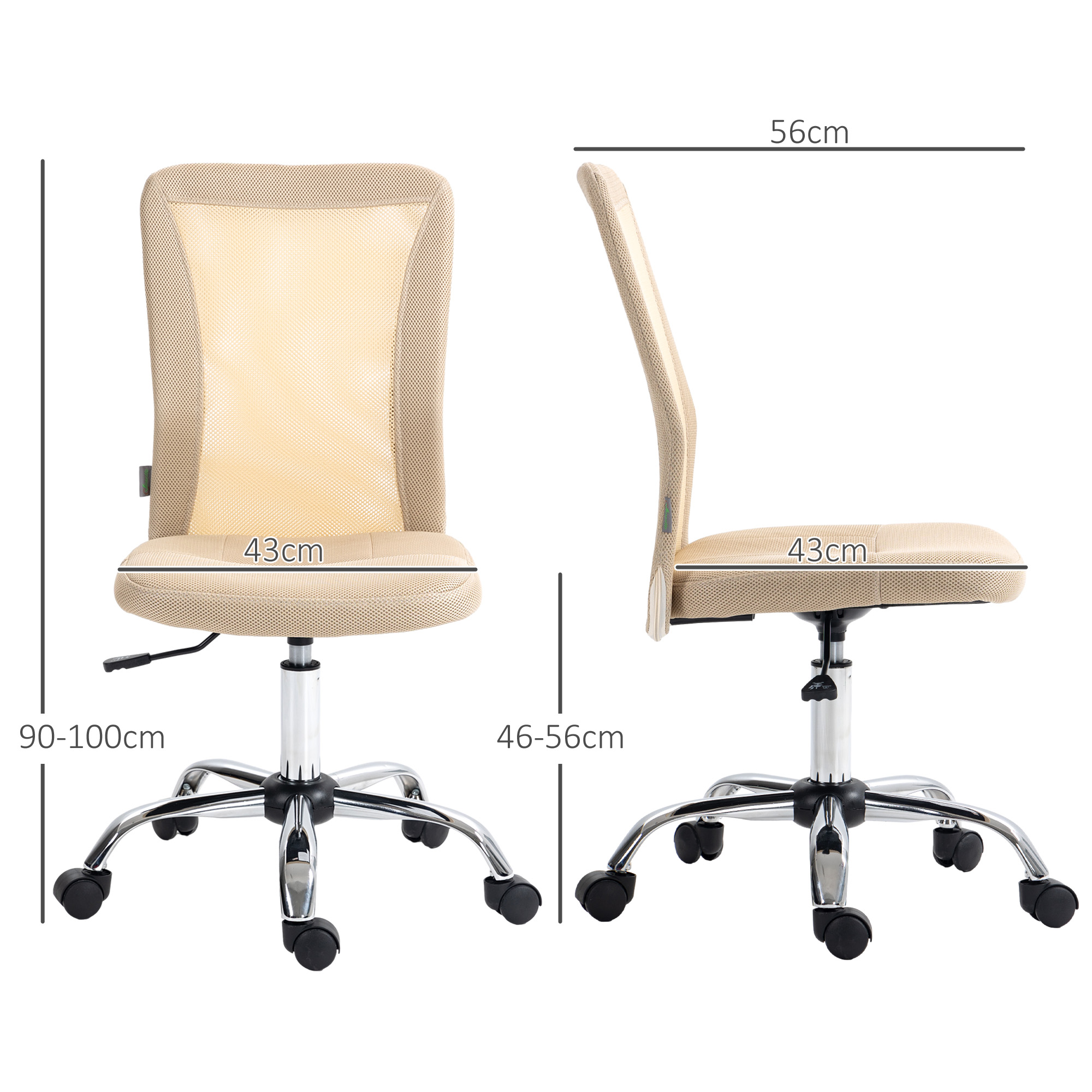 Una silla de oficina beige con malla, con medidas etiquetadas en un fondo blanco.