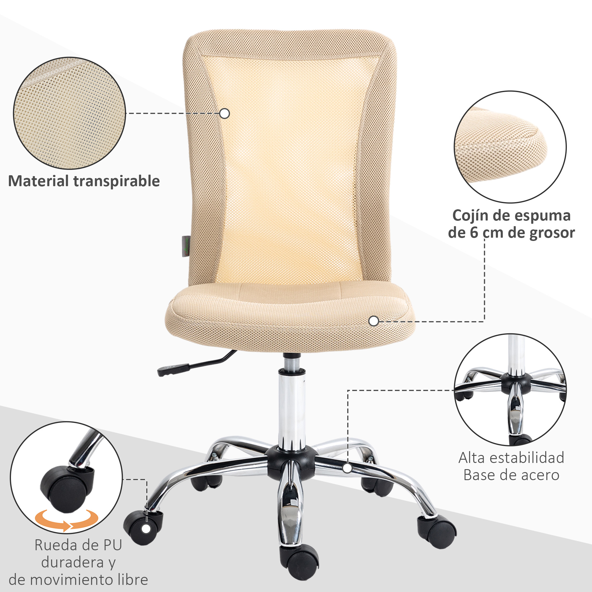 Silla de oficina beige. Respaldo de malla transpirable, cojín de espuma de 6 cm, base de acero.