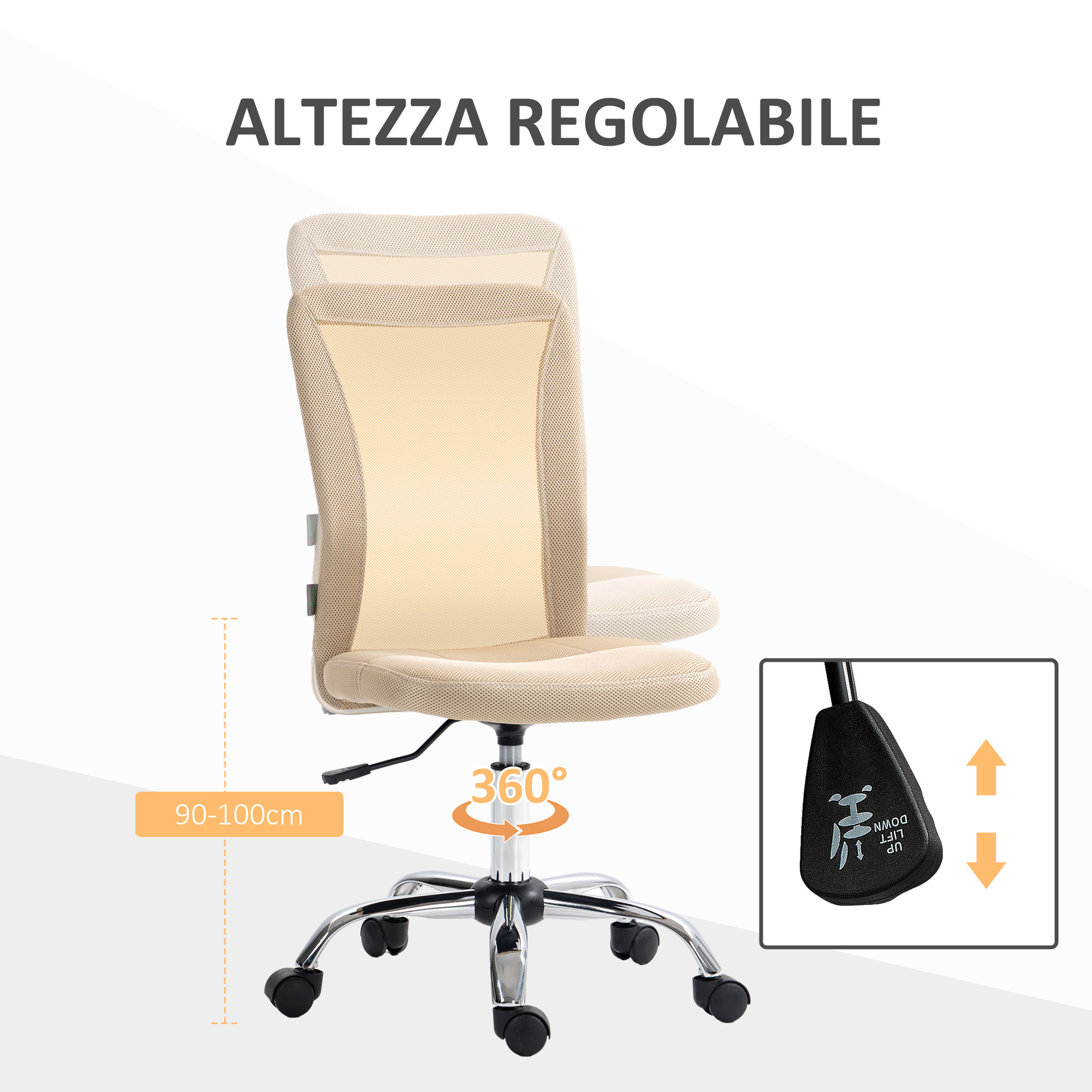 Silla de oficina beige con altura ajustable. Base negra. 360 grados. Fondo blanco.