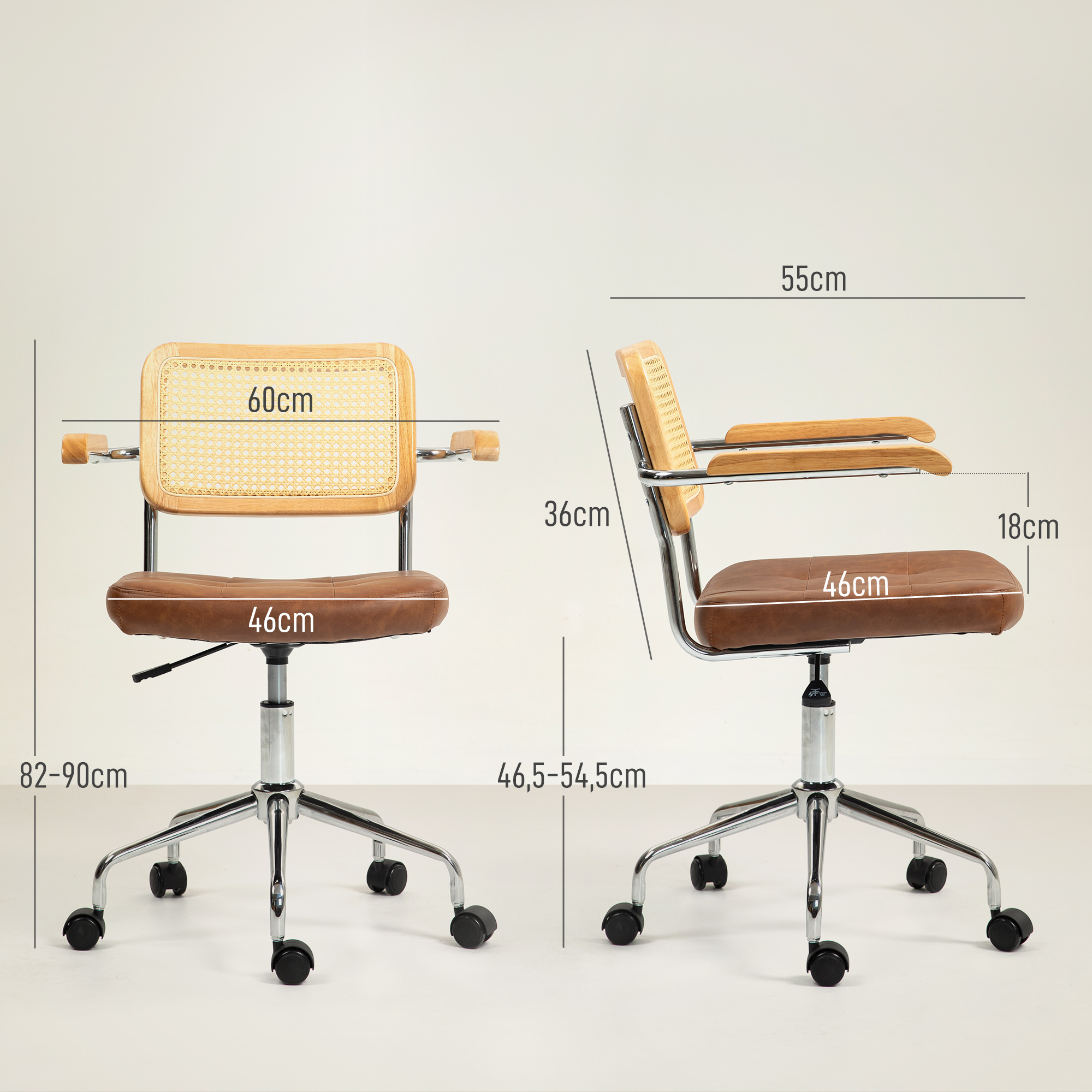 Dos sillas con reposabrazos de madera, asiento de cuero marrón y patas cromadas, con medidas indicadas.