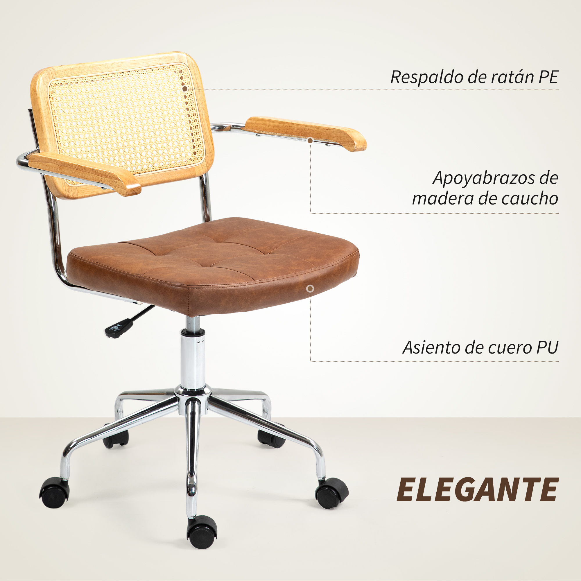 Una silla de oficina marrón con respaldo tejido, reposabrazos de madera y base cromada.
