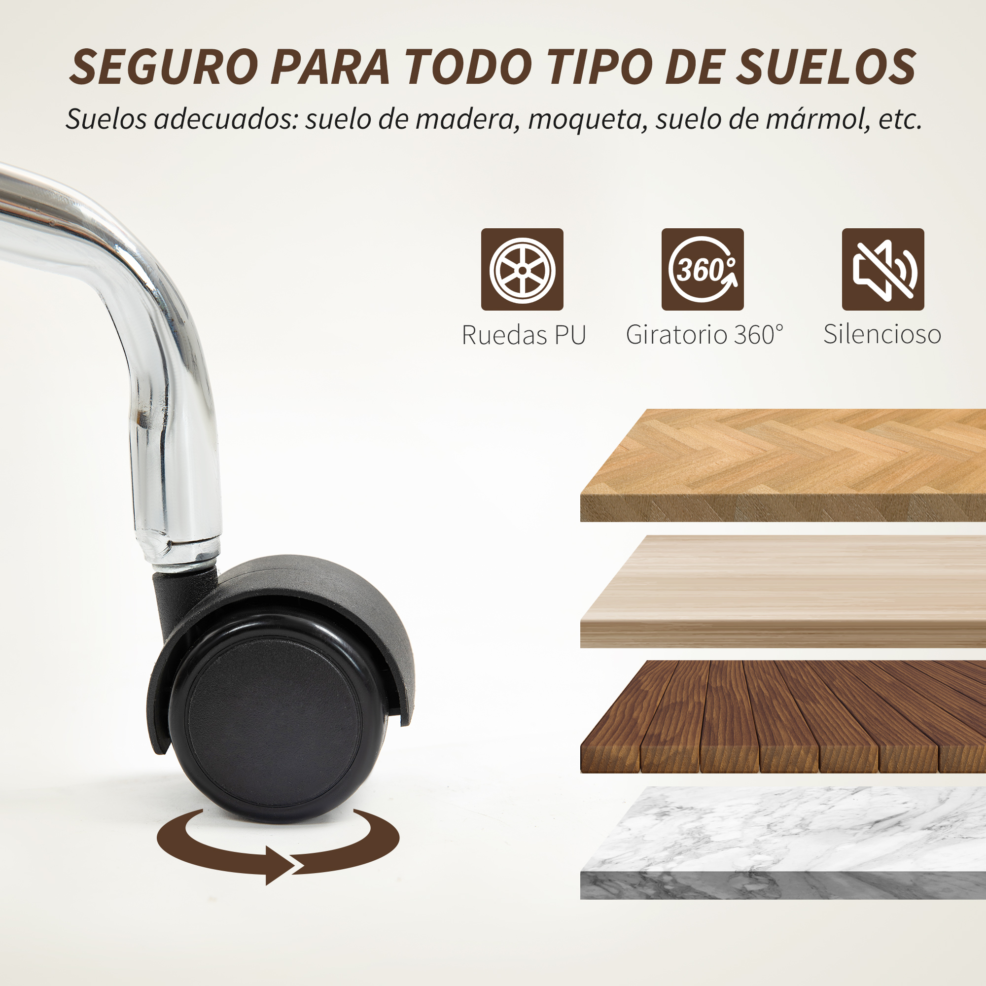 Primer plano de una rueda negra de una silla. Junto a ella, ejemplos de suelos de madera y mármol.