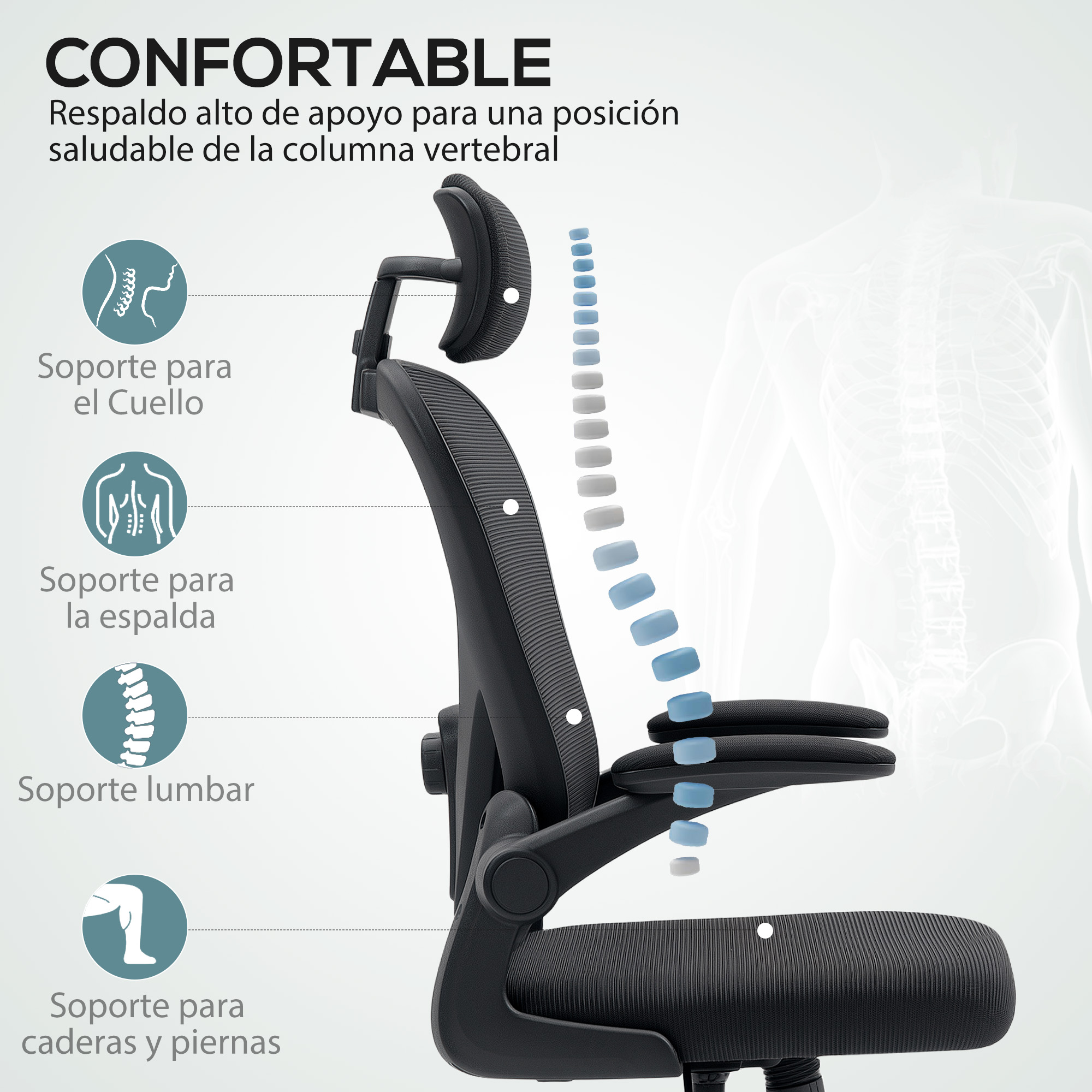 Una silla de oficina negra con características de apoyo. Fondo blanco y diagrama del cuerpo.