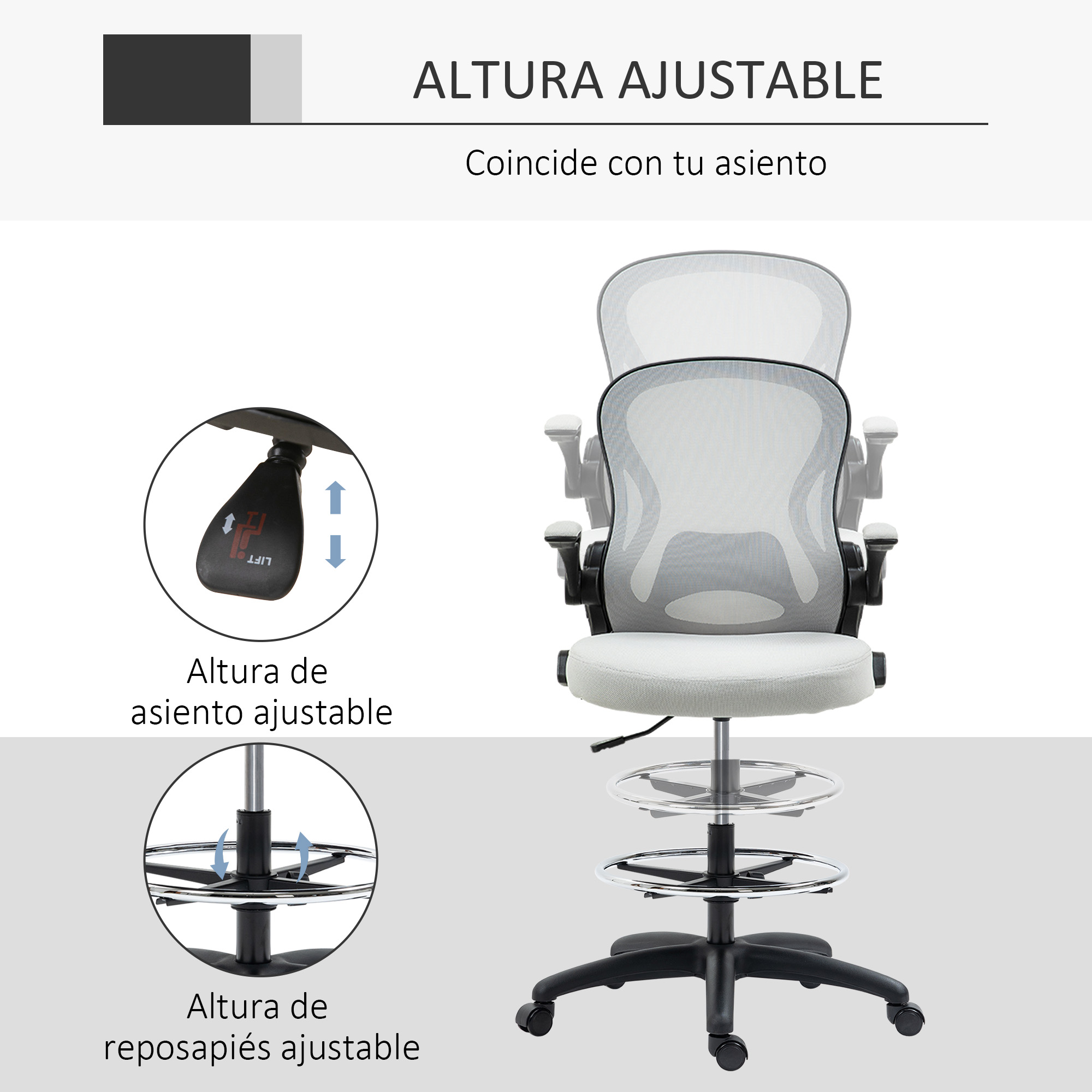 Silla de oficina ajustable con diagramas detallados de altura de asiento y reposapiés ajustables.
