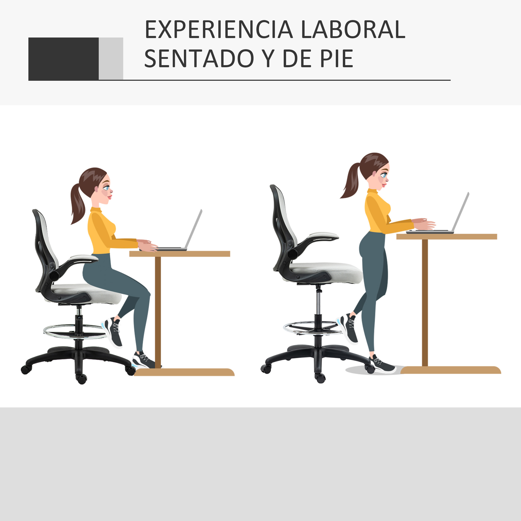 Ilustración de una persona sentada y de pie en un escritorio, usando una computadora portátil.