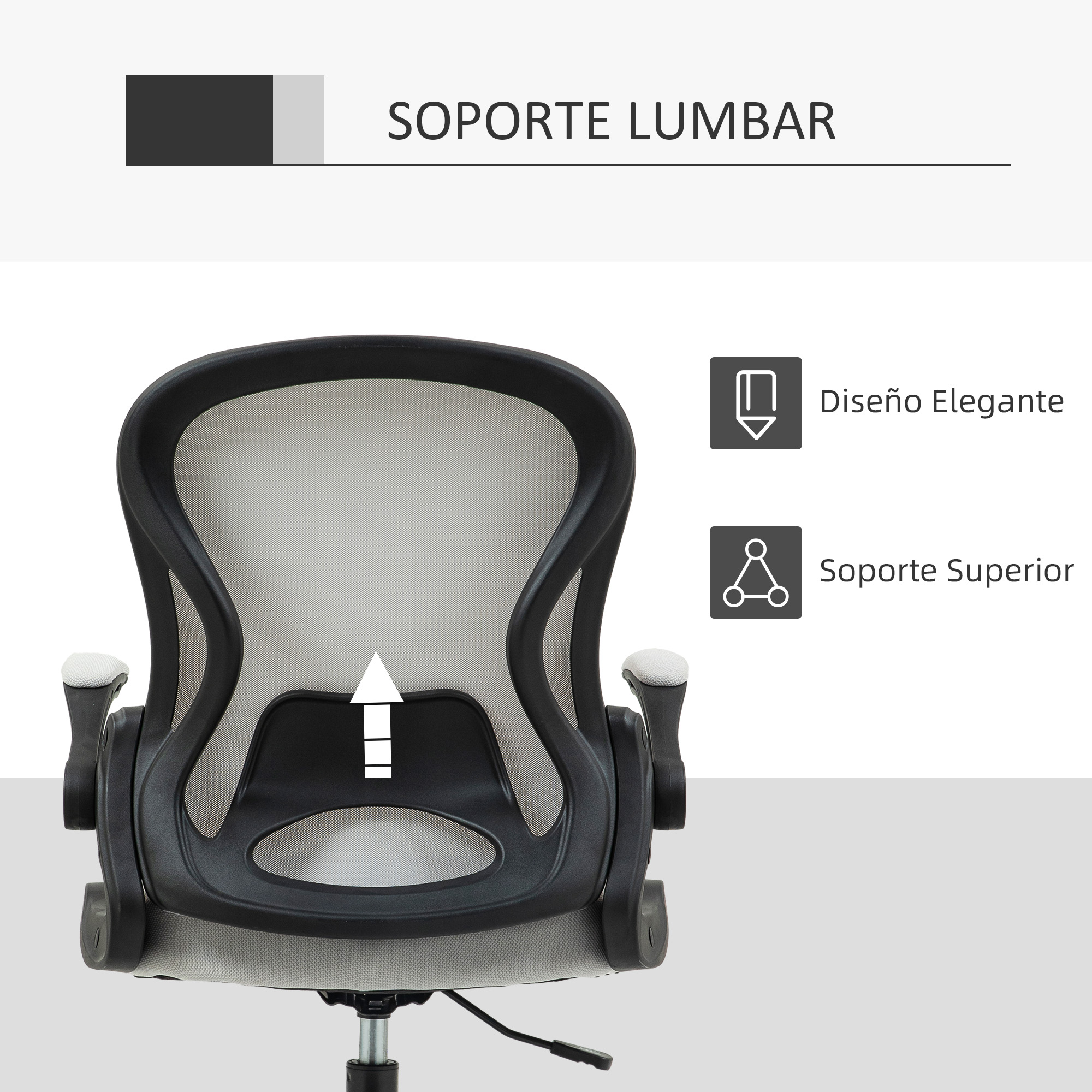 Respaldo de silla de oficina con función de soporte lumbar. Las características incluyen diseño elegante y soporte superior.