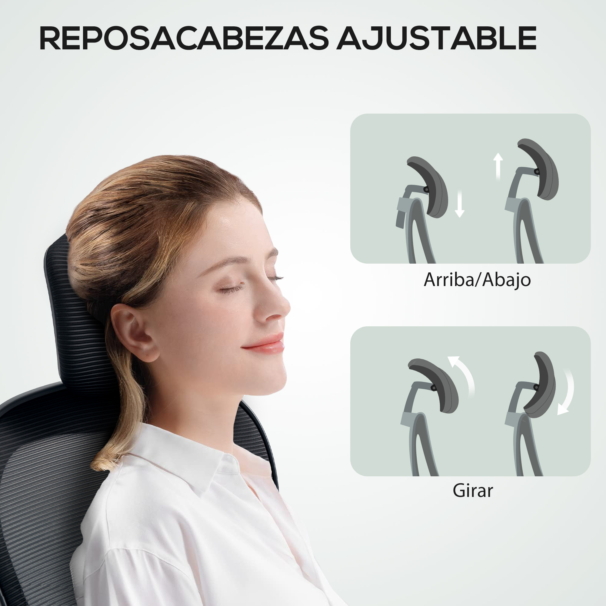 Mujer con diagrama de reposacabezas ajustable. Muestra ajustes arriba/abajo y girar.