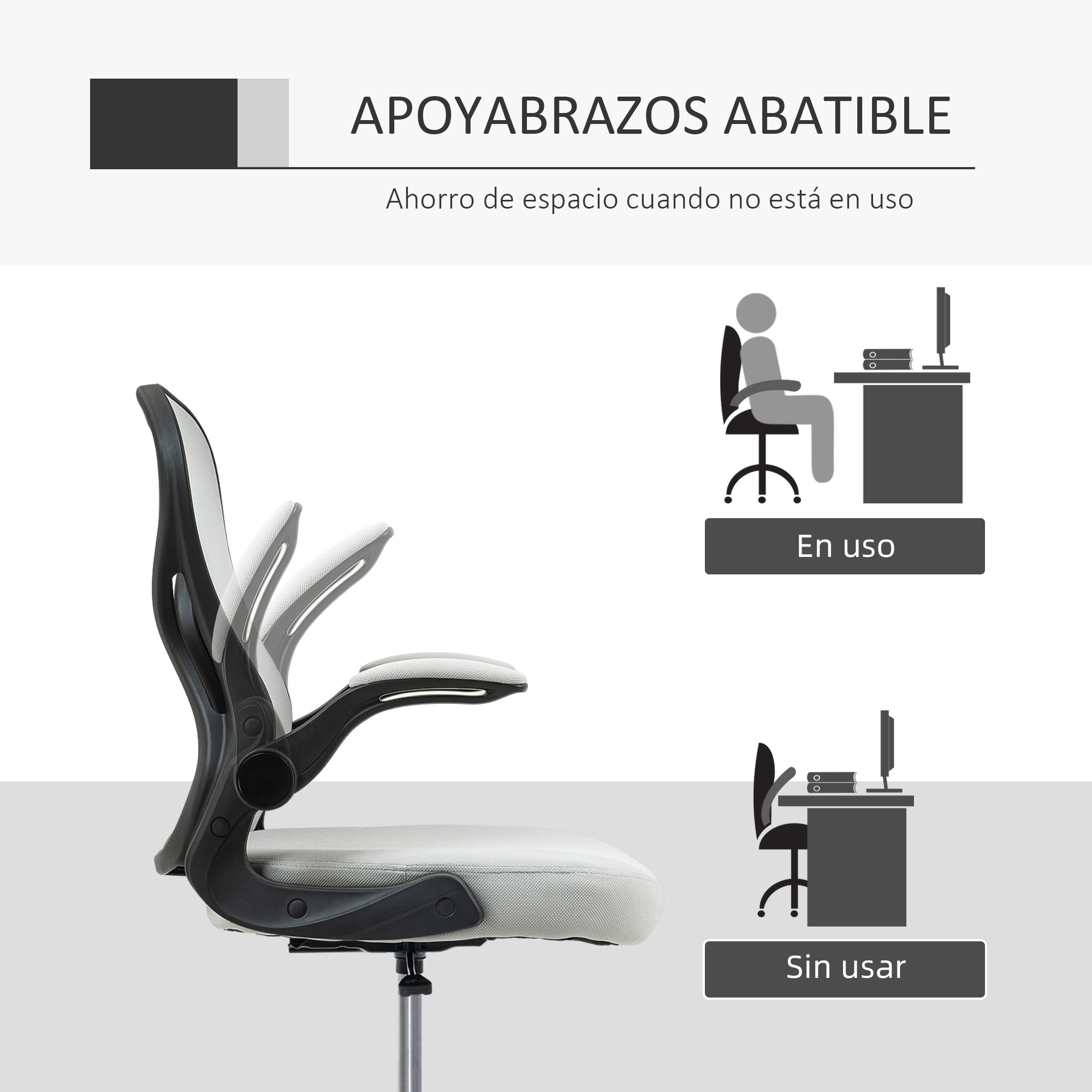 Una silla de oficina plegable con apoyabrazos ajustables. La silla es gris con respaldo blanco. Ilustraciones.