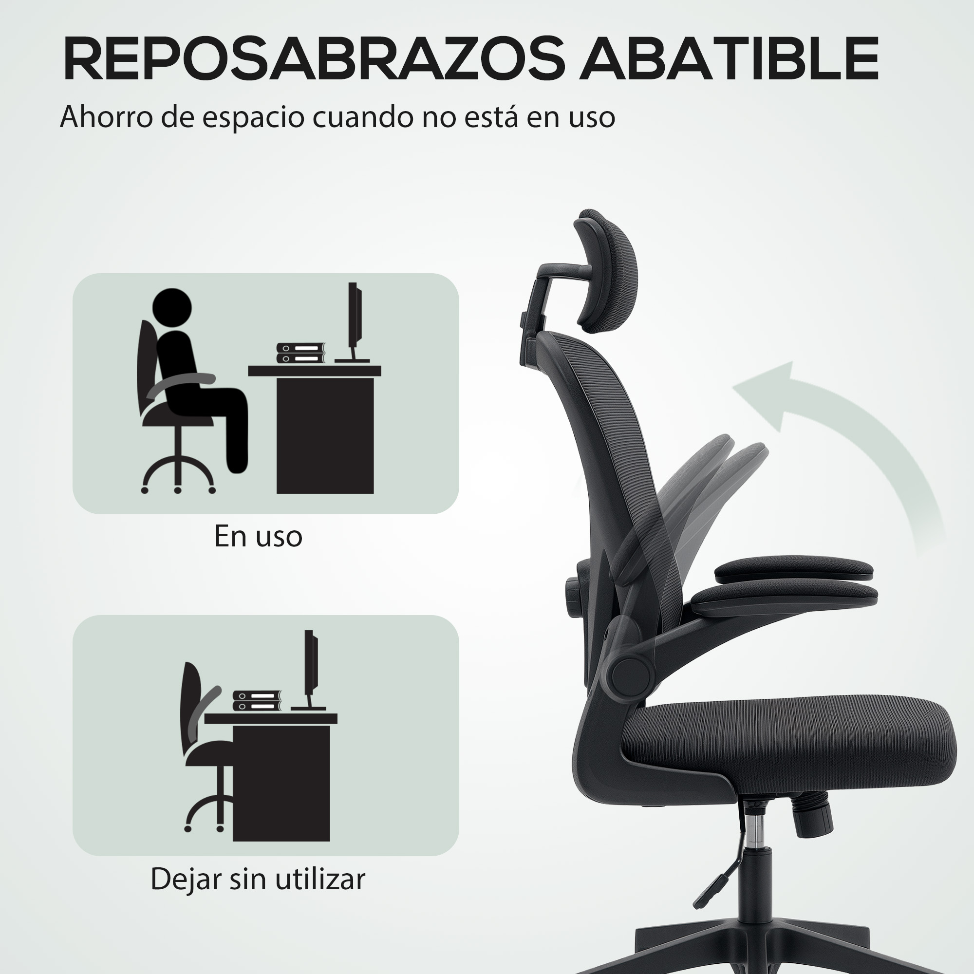 Una silla de oficina negra que muestra opciones de ajuste de reposabrazos. Demuestra uso y almacenamiento que ahorra espacio.