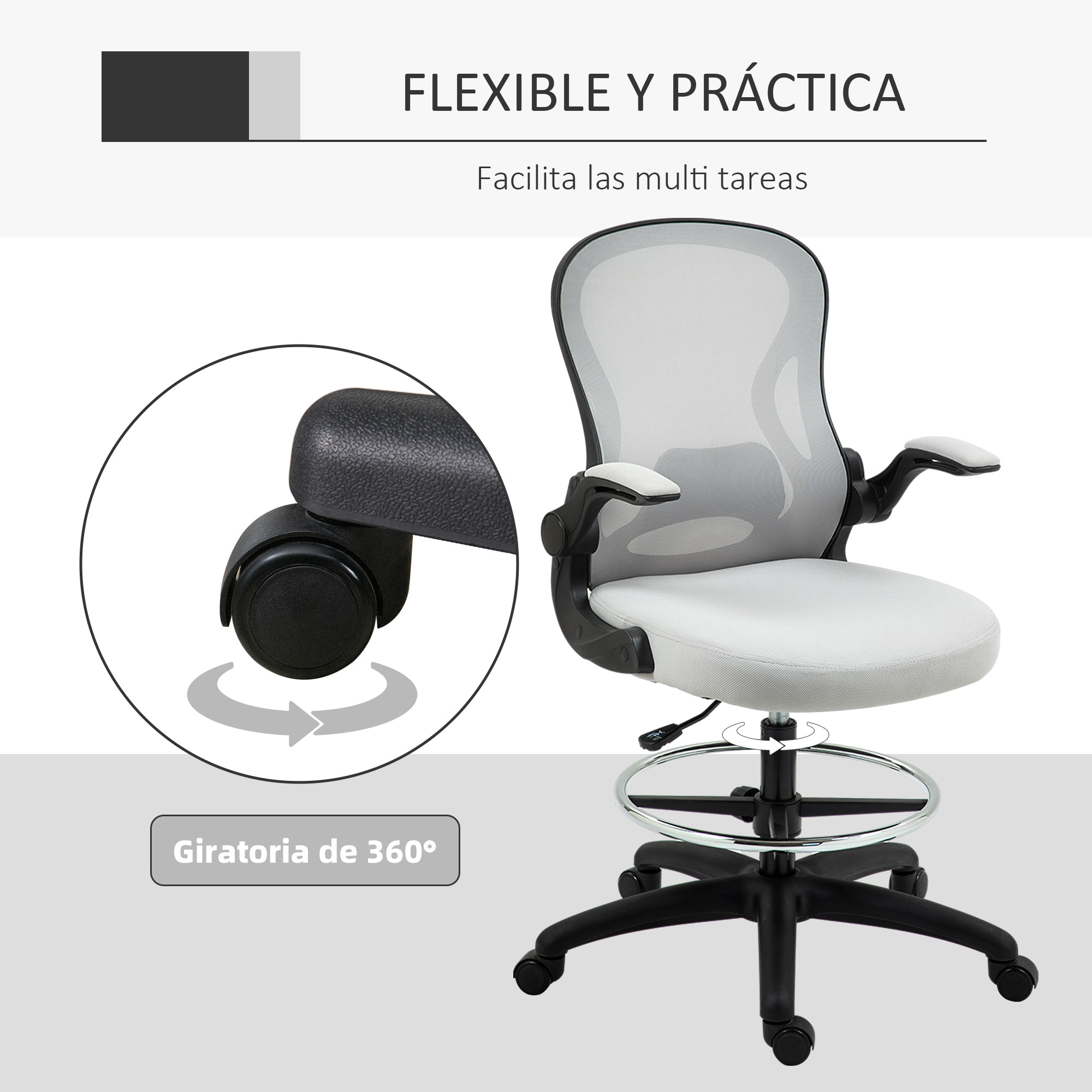 Silla de oficina con respaldo de malla blanca, base giratoria y aro reposapiés, texto en español.