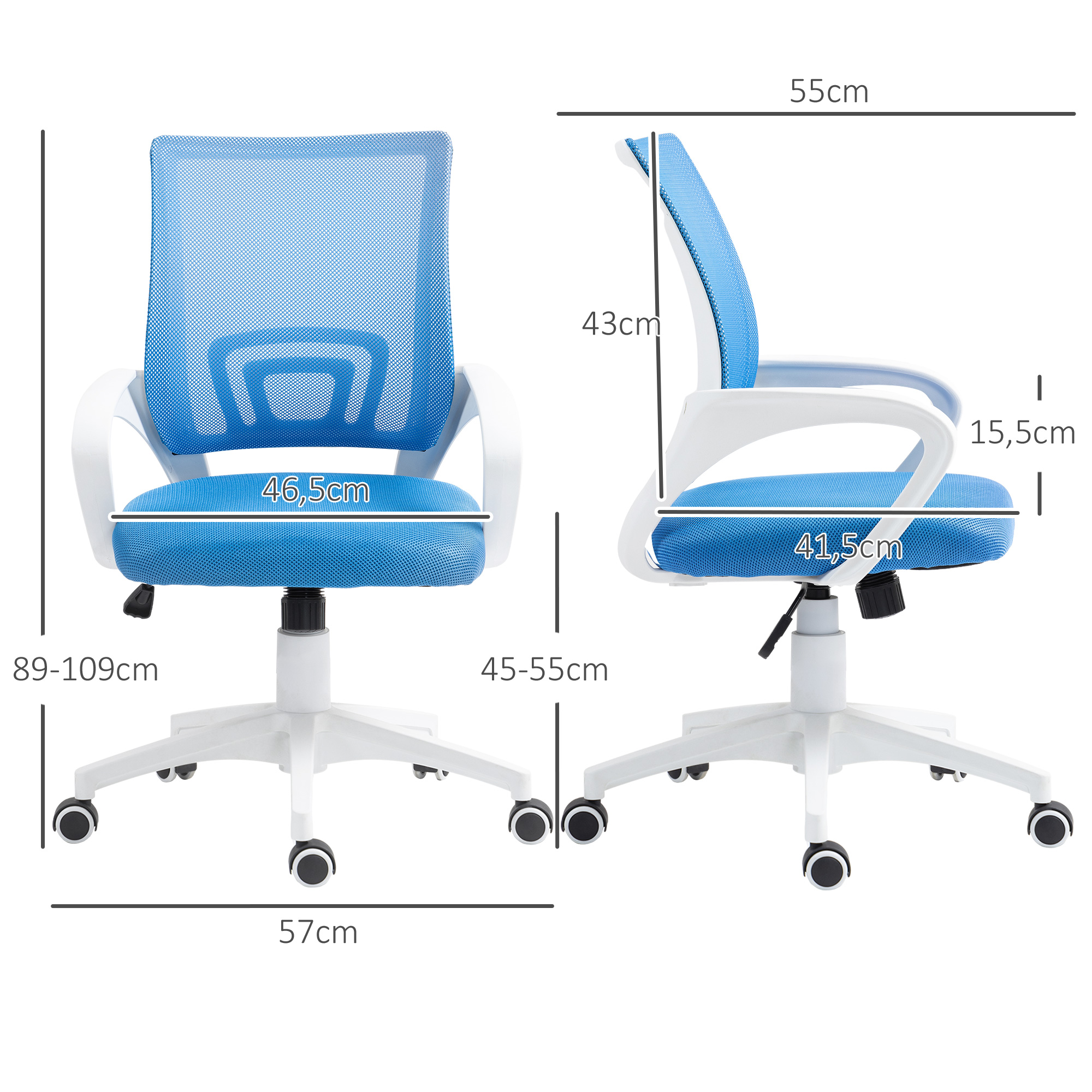 Dos vistas de una silla de oficina azul y blanca con dimensiones y medidas.