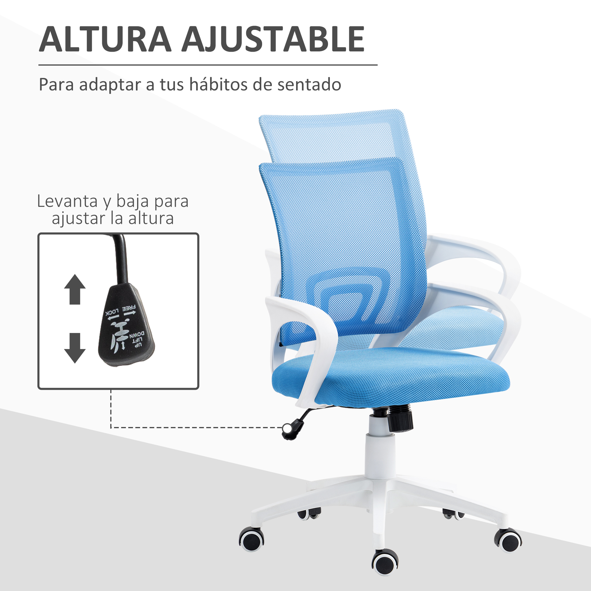 Silla de oficina de malla azul con función de altura ajustable, con flechas e ilustración de palanca.