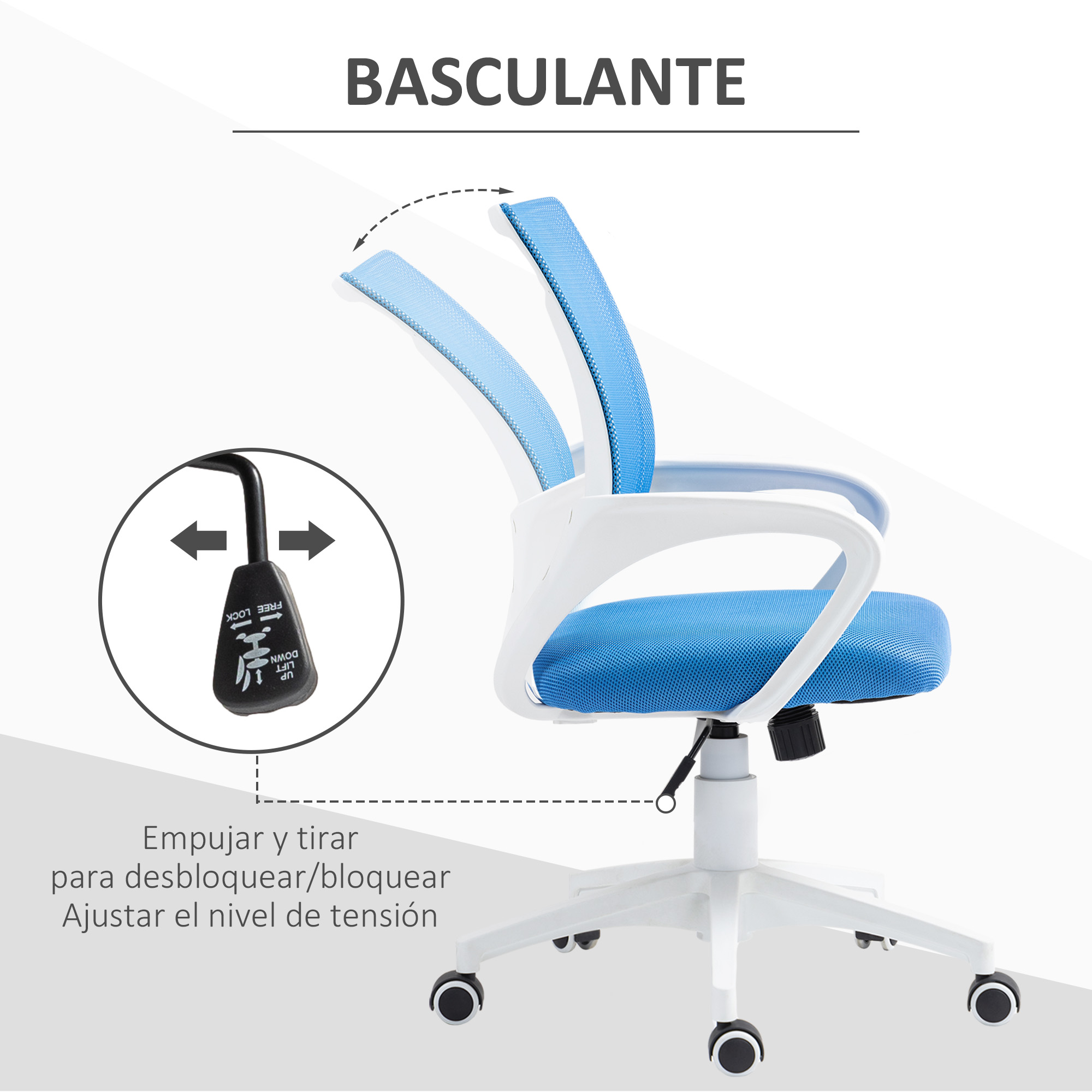 Silla de oficina azul y blanca con palanca de ajuste y función de inclinación.