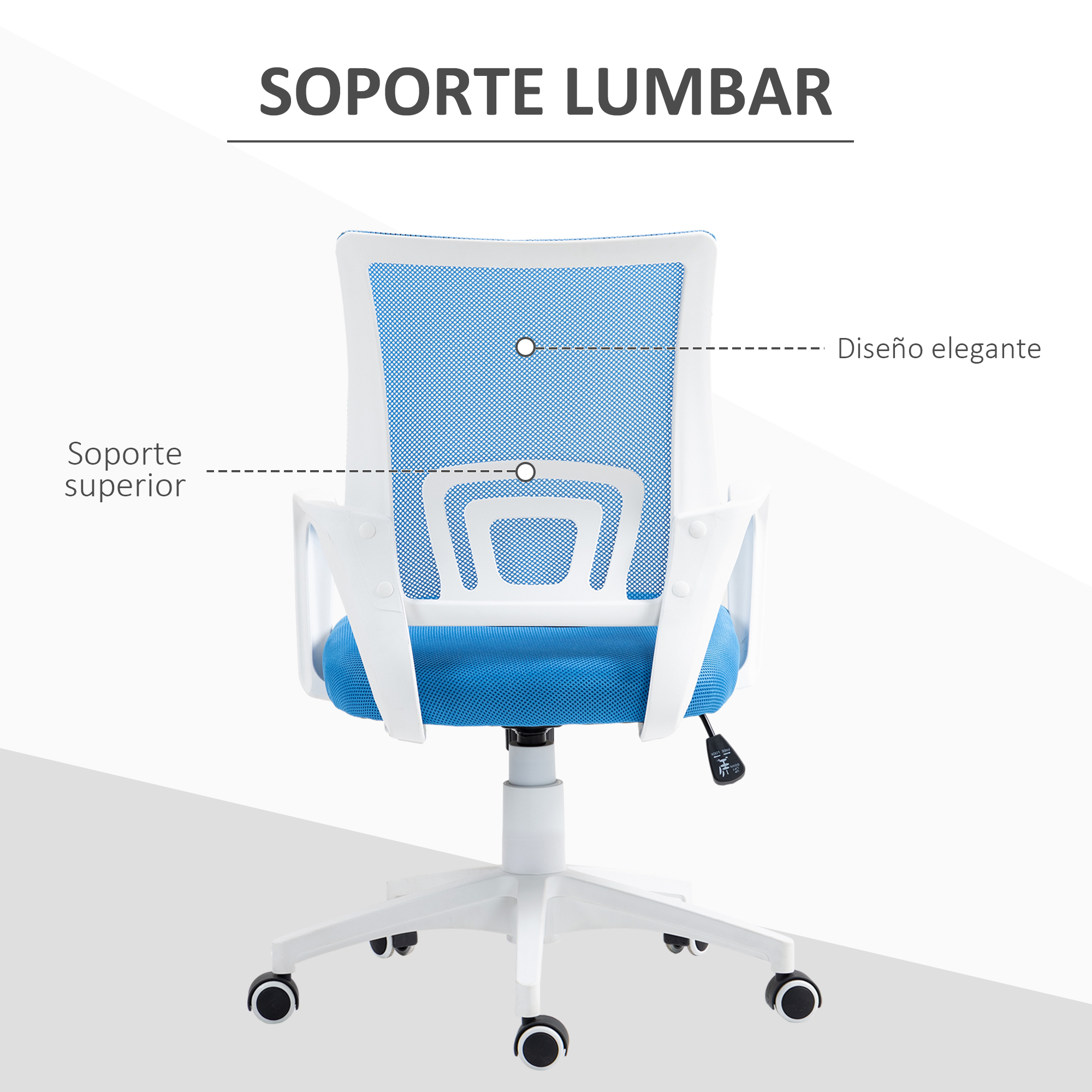 Una silla de oficina azul y blanca se muestra desde atrás con etiquetas para "Soporte lumbar" y "Soporte superior".