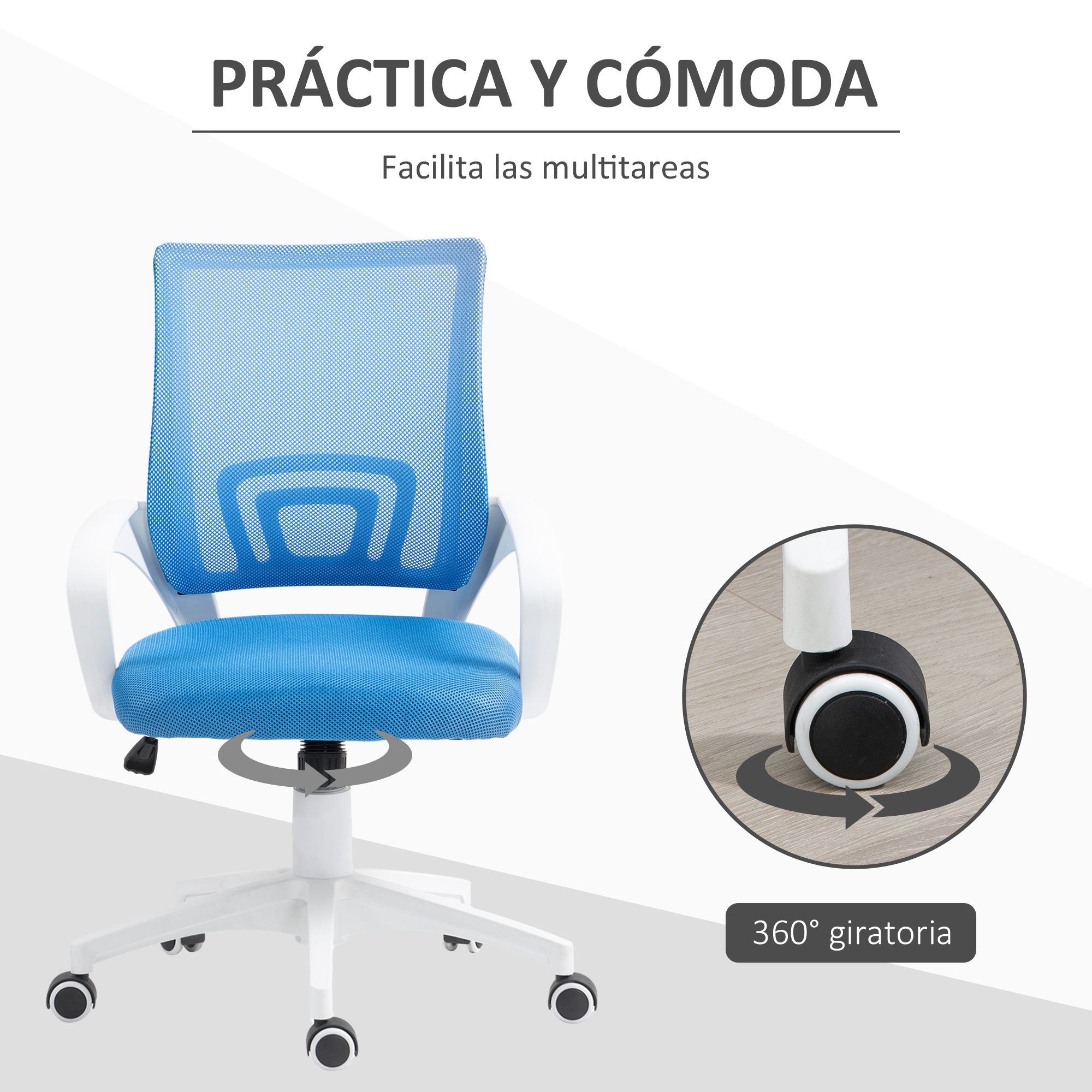 Silla de oficina azul y blanca con respaldo de malla y base giratoria 360 grados.