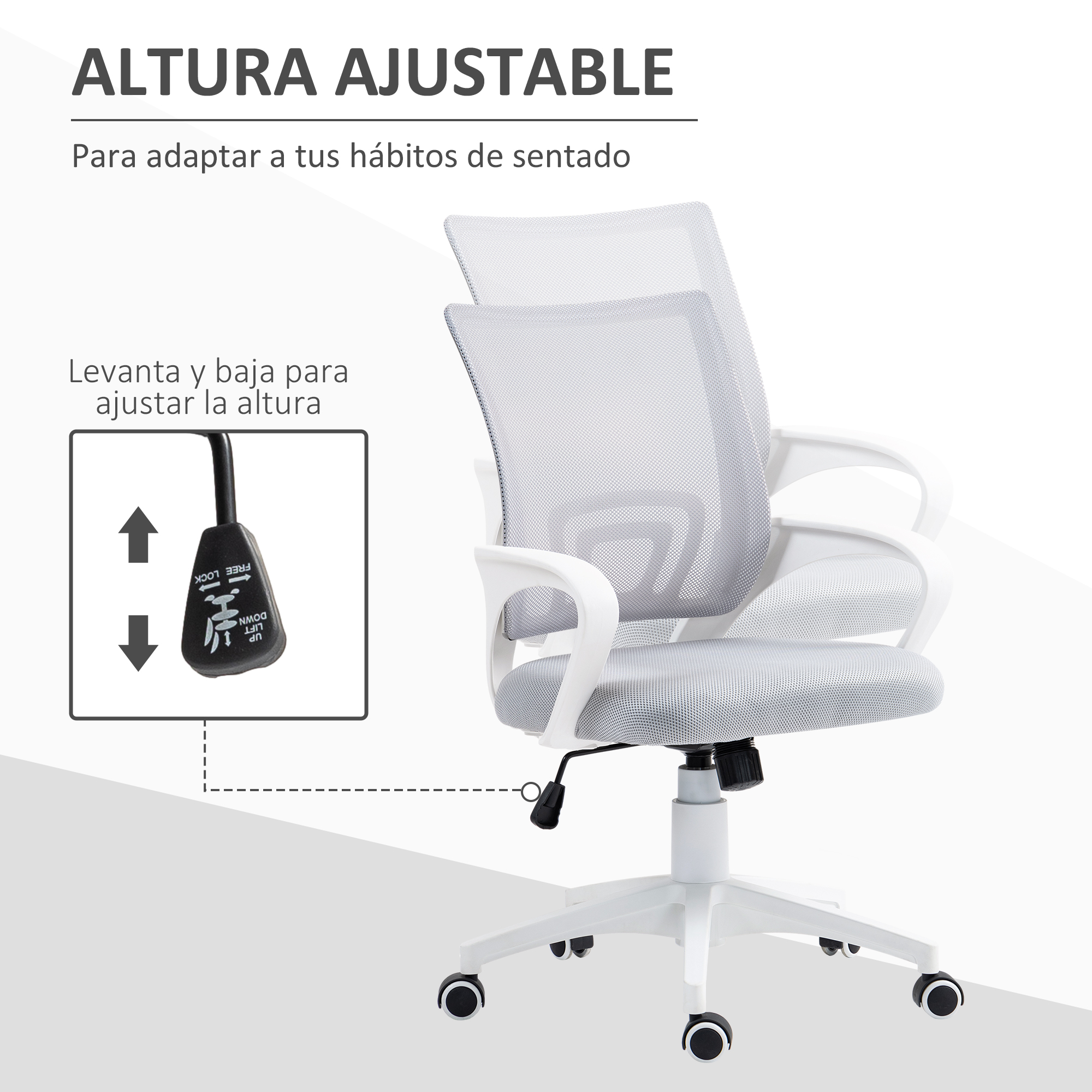 Una silla de oficina con marco blanco, respaldo de malla gris y ajustes de altura ajustables.