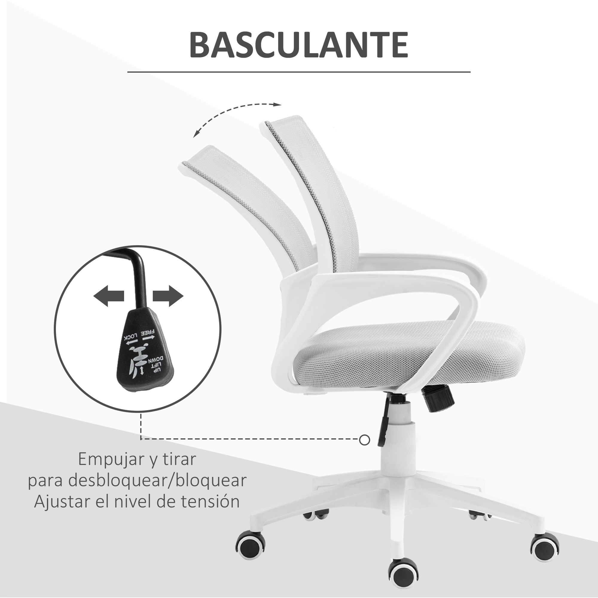 Una silla de oficina blanca con respaldo de malla se muestra con un primer plano de la palanca.