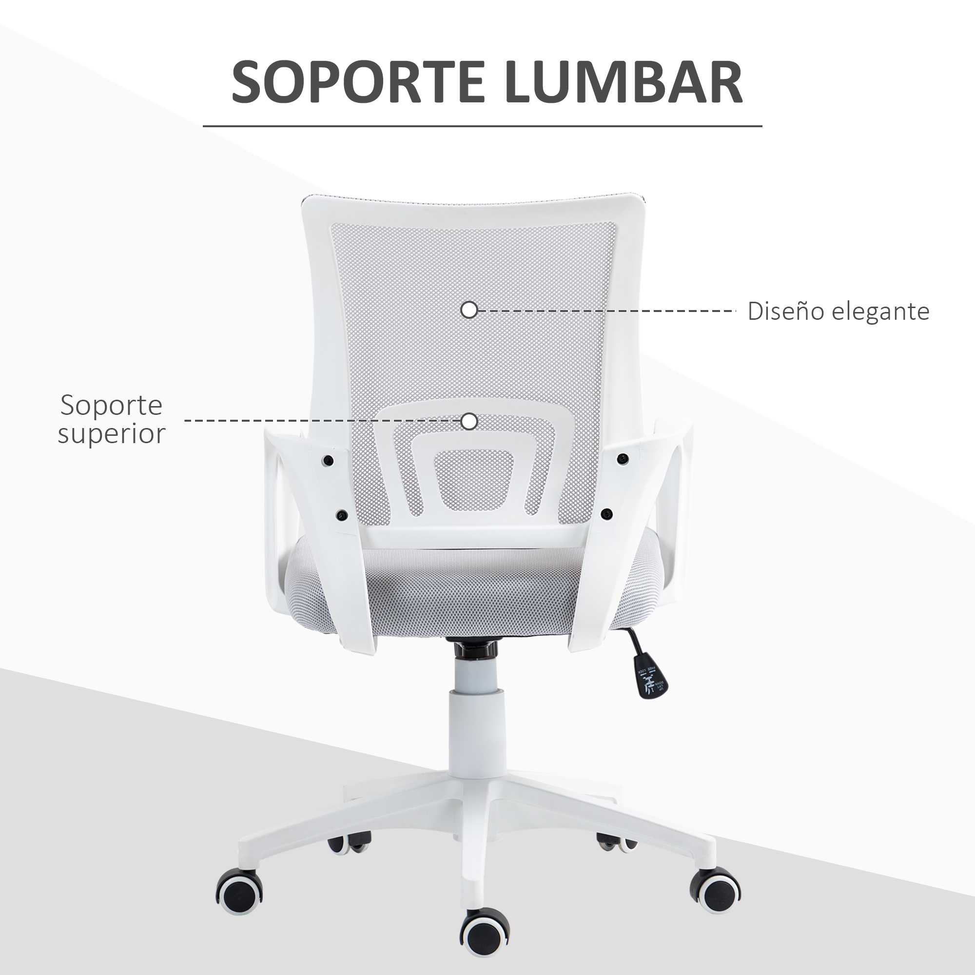 Vista trasera de una silla de oficina blanca con etiquetas.
