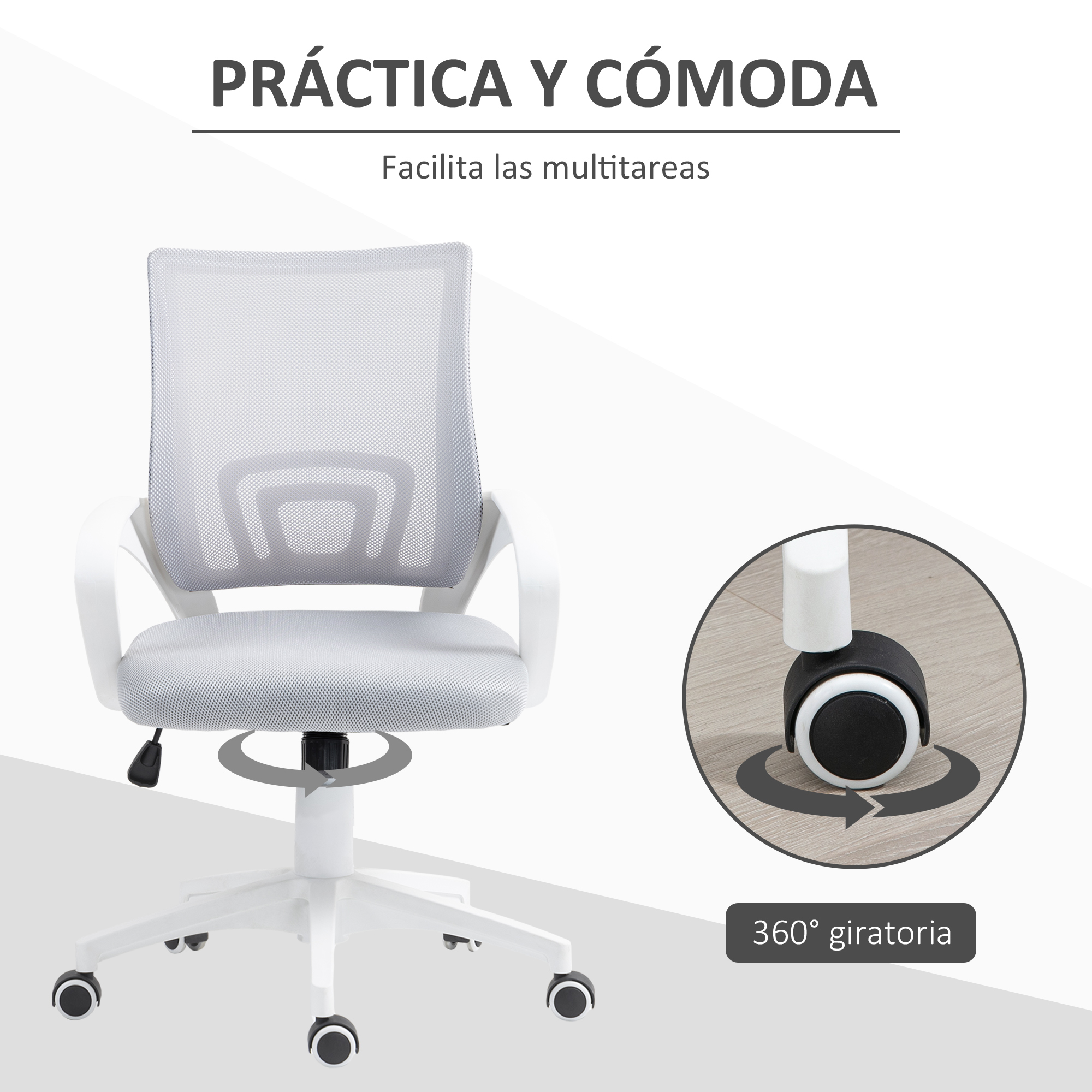Silla de oficina blanca y gris. Tiene respaldo de malla y base blanca. Detalle de la rueda.