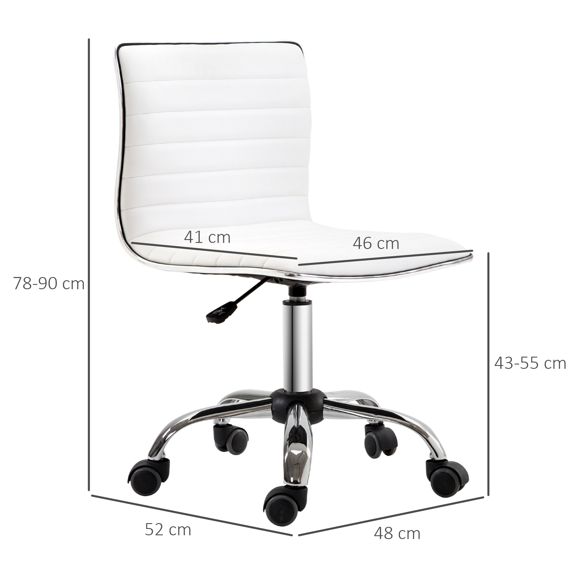 Weißer Bürostuhl, Maße 41x46x78-90 cm, mit Chromfuß und Rollen.